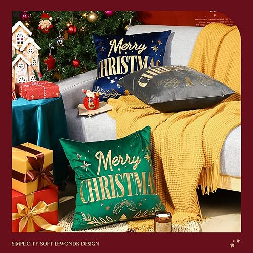 Miniatura 6 de Lewondr Fundas de almohada de Navidad, diseño de letras de Feliz Navidad, patrón de estampado en caliente, fundas de almohada de terciopelo holandés