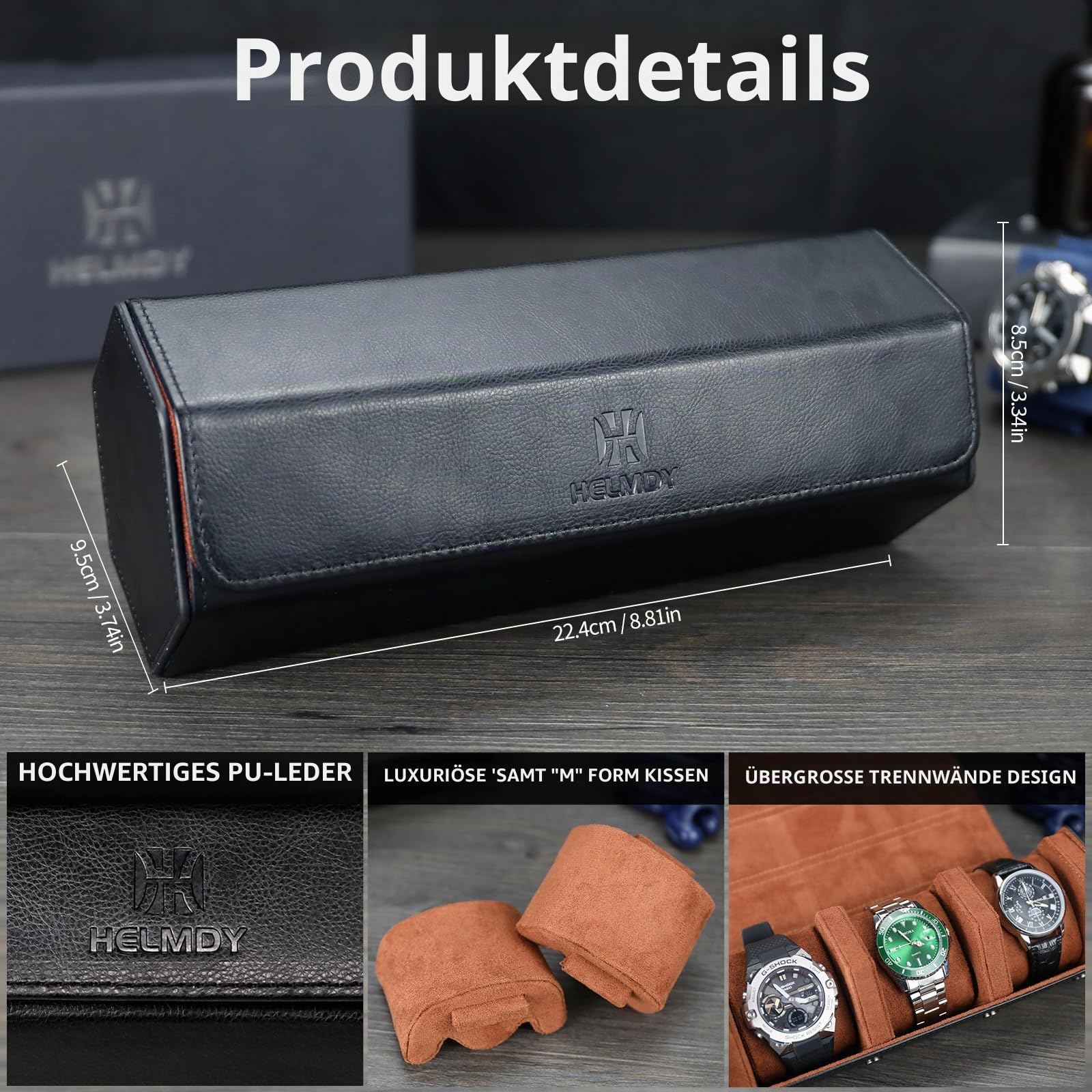 Uhrenrolle 3 Uhren, Uhrenbox 3 Uhren für Herren (Schwarz/Braun) | Uhrenaufbewahrung 3 Uhr, Tragbare Reise Uhrenbox PU Leder Watch Box