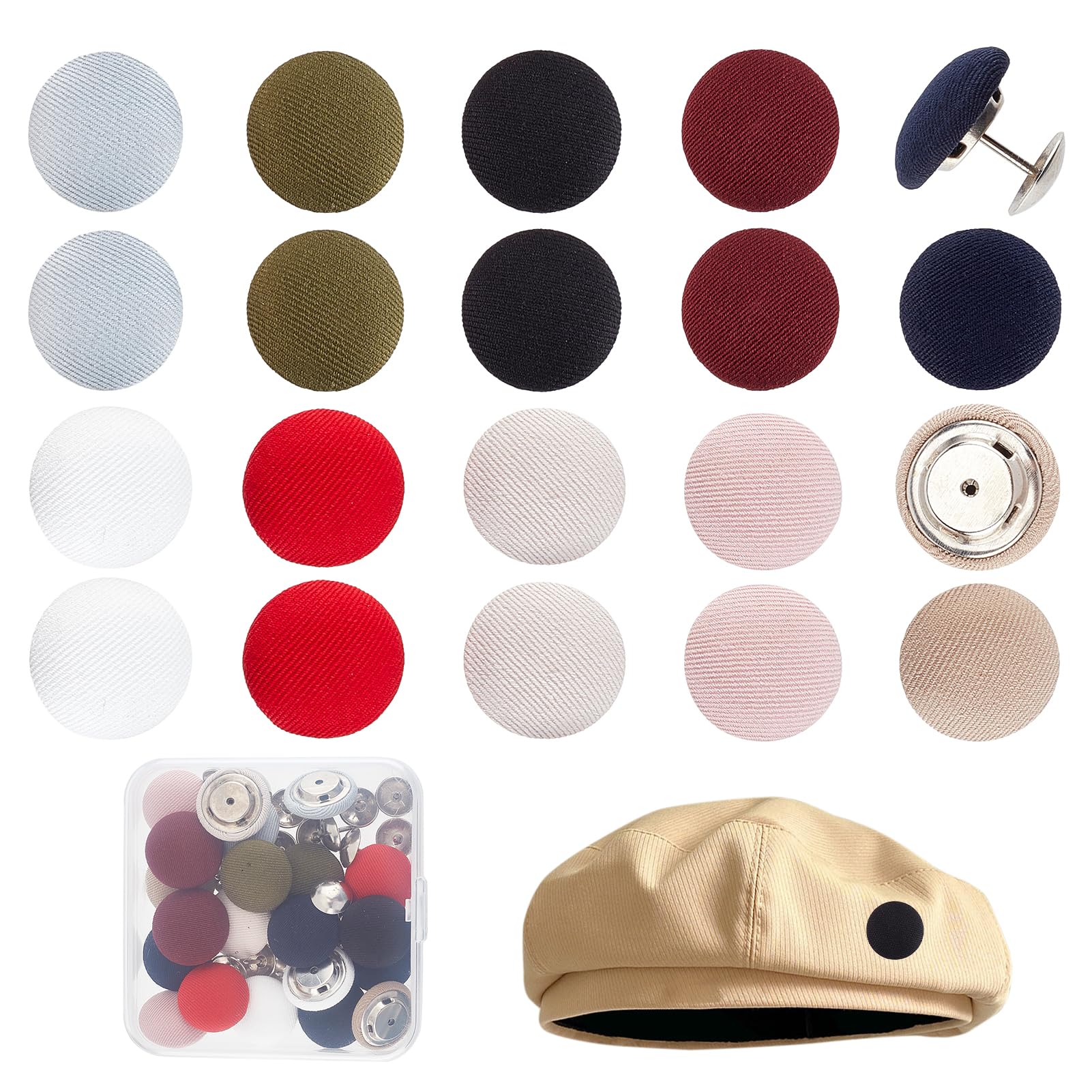 20 Boutons ronds recouverts de tissu coloré avec tige métal pour casquettes et jeans