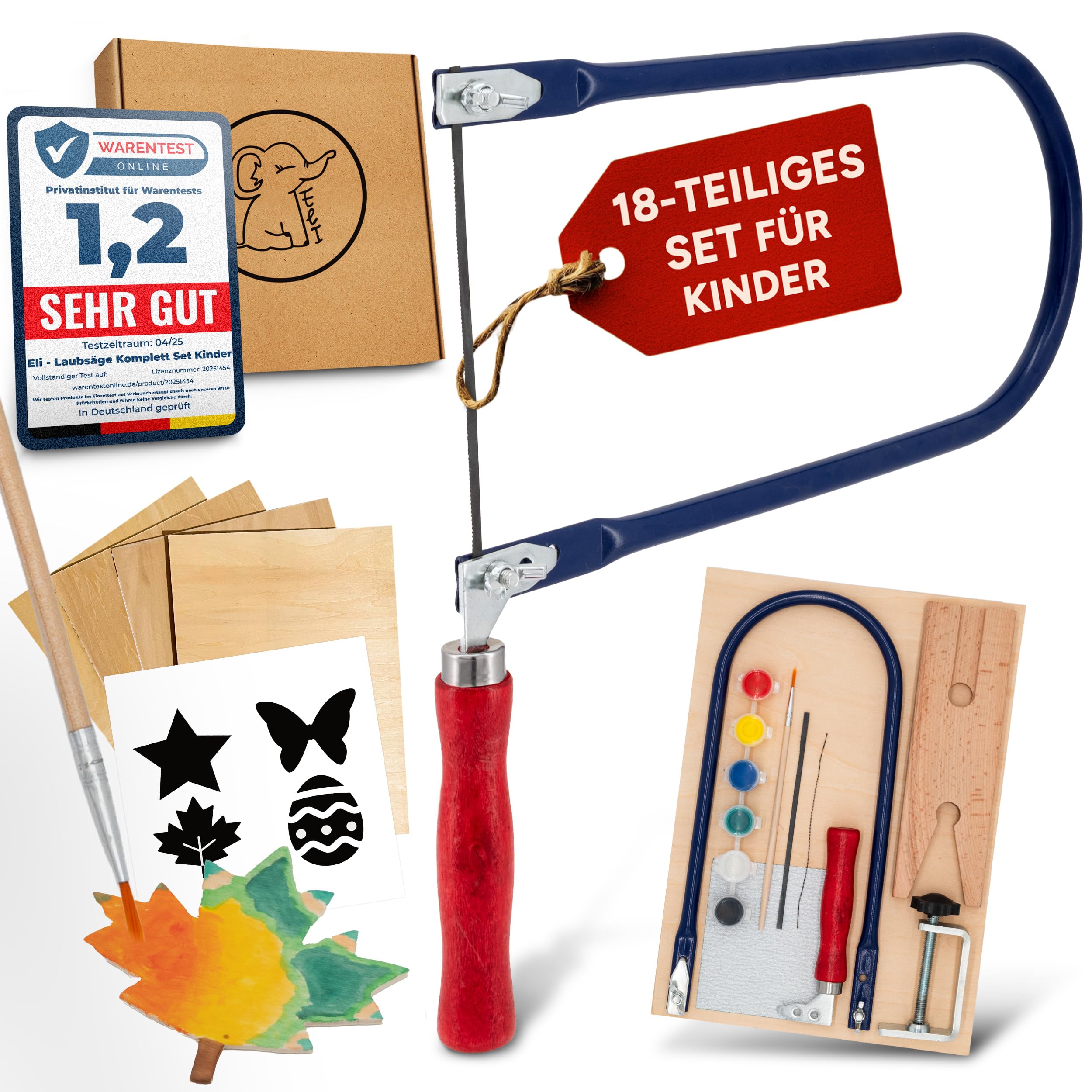 Eli® Laubsäge für Kinder - Komplett Set für Laubsägen inkl kreative Vorlagen - Laubsägeplatten - Farben - Pinsel - Schleifpapier - Holz - Geschenkidee Junge und Mädchen