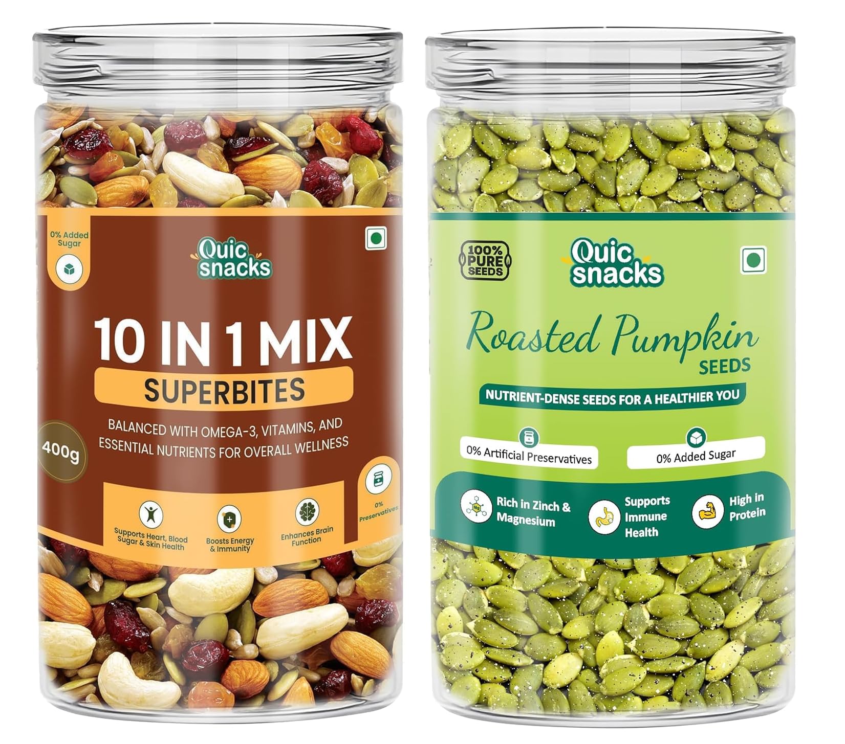 QuicSnacks 10 in 1 Superbites Mix & Roasted & Salted Pumpkin Seeds | High Fiber, Protein & Omega-Rich Superfood Combo | Natural Crunchy Snacks for Energy, Digestion & Daily Wellness | No Added Sugar (400G, Unflavoured)-image-23