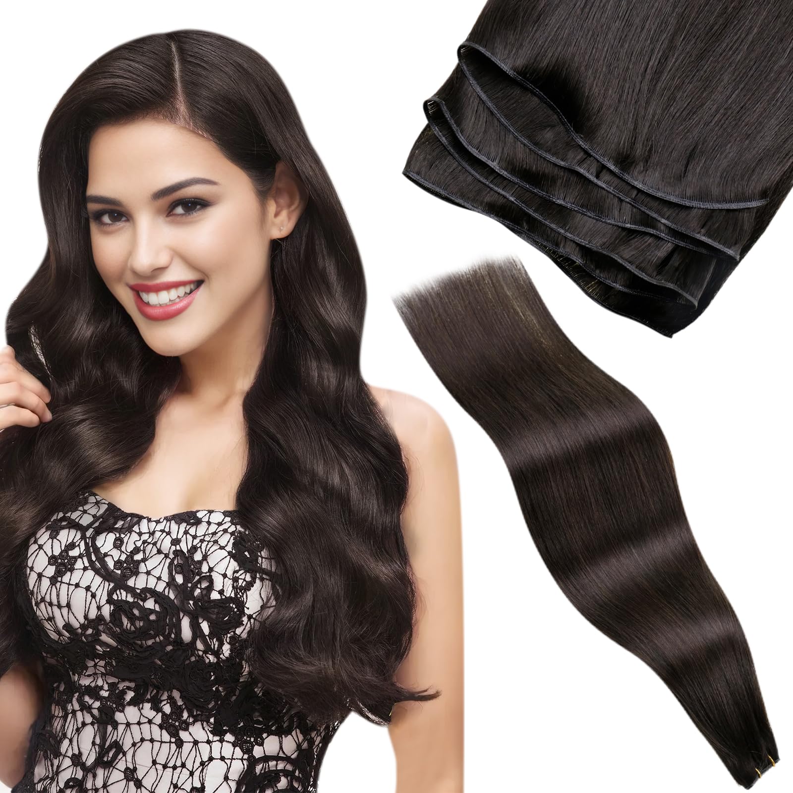 LaaVoo Invisible Weft Hair Extensions Real Human Hair 22 Inch 80g Darkest Brown Sew in Straight Remy Invisible Double Weft Weave Extensions #2