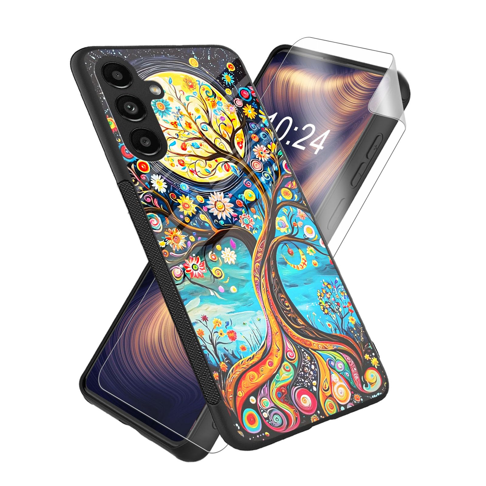 ETLKJVBL for Samsung Galaxy S25 Case, Tree of Life with Flowers High-Definition Painted Glass Back Cover with Soft Silicone TPU Bumper, Shockproof