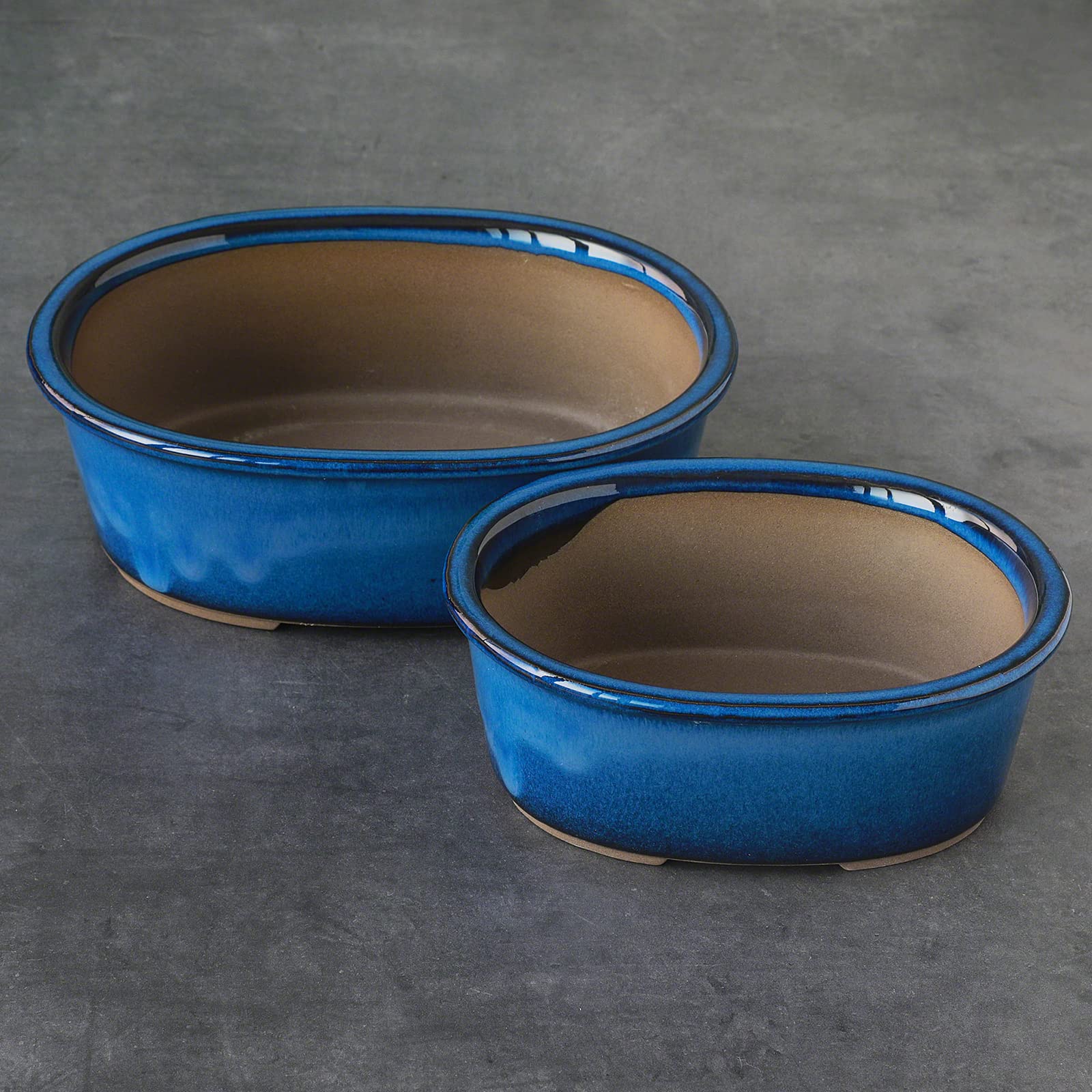 Wazakura Serie Banko Set di 2 Vasi per Bonsai Fatti a Mano con Fori di Drenaggio Realizzati in Giappone, Vasi Decorativi Ovali per Fiori, Ciotole Smaltate per Piante da Interno - Set Blu 2 Pezzi