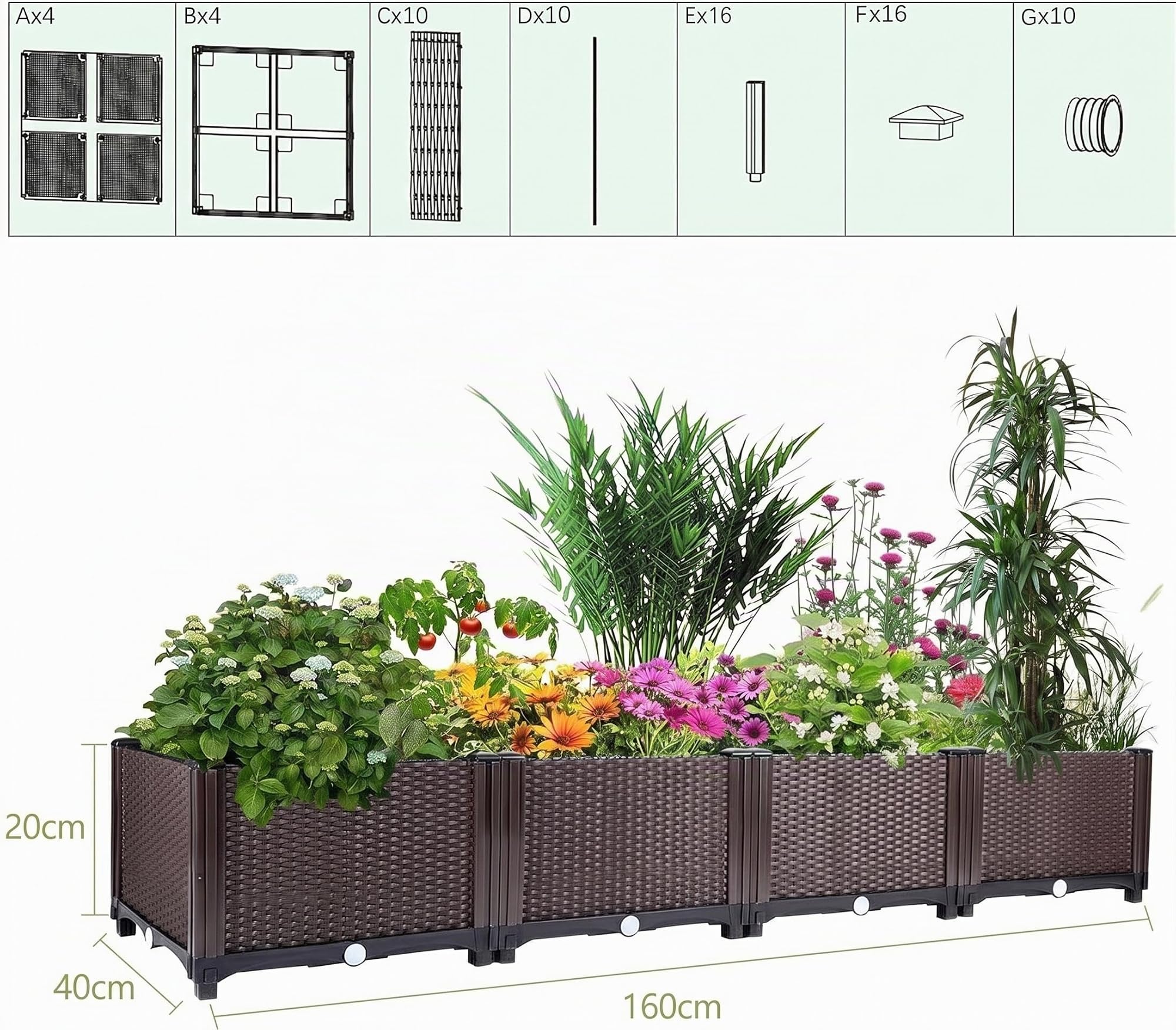 Blumenkasten mit Wasserablauf, 4 Stück Hochbeet, Rattanoptik Garten Pflanzkasten,160 * 40 * 20 cm Gemüsebeet Blumentopf Pflanzkübel für Terrasse, Garten, Eingangsbereich, Braun