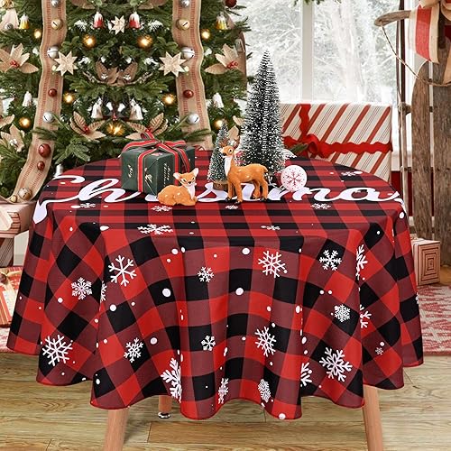 Miniatura 4 de Alishomtll Mantel de Navidad, mantel redondo de búfalo rojo de Navidad, decoración de Navidad a cuadros impermeable para mesa, mantel de copo de