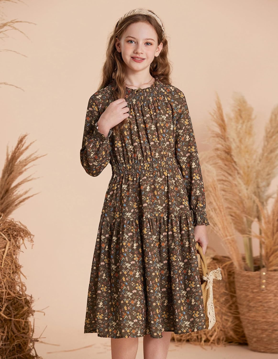 GRACE KARIN Girls Long Sleeve Fall Dress Floral High Waist Casual Midi Dresses with Pocket for 6-14 Years - Image 5