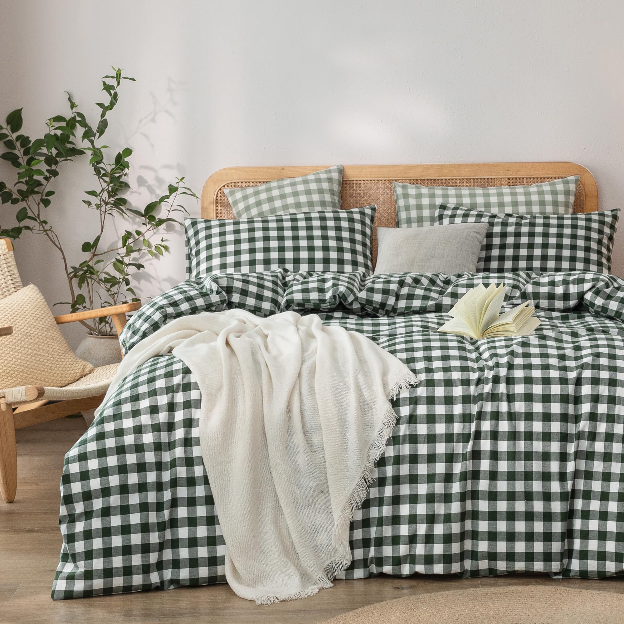 BESTOUCH Gingham Cotton Duvet Cover Set Green Oversized Queen