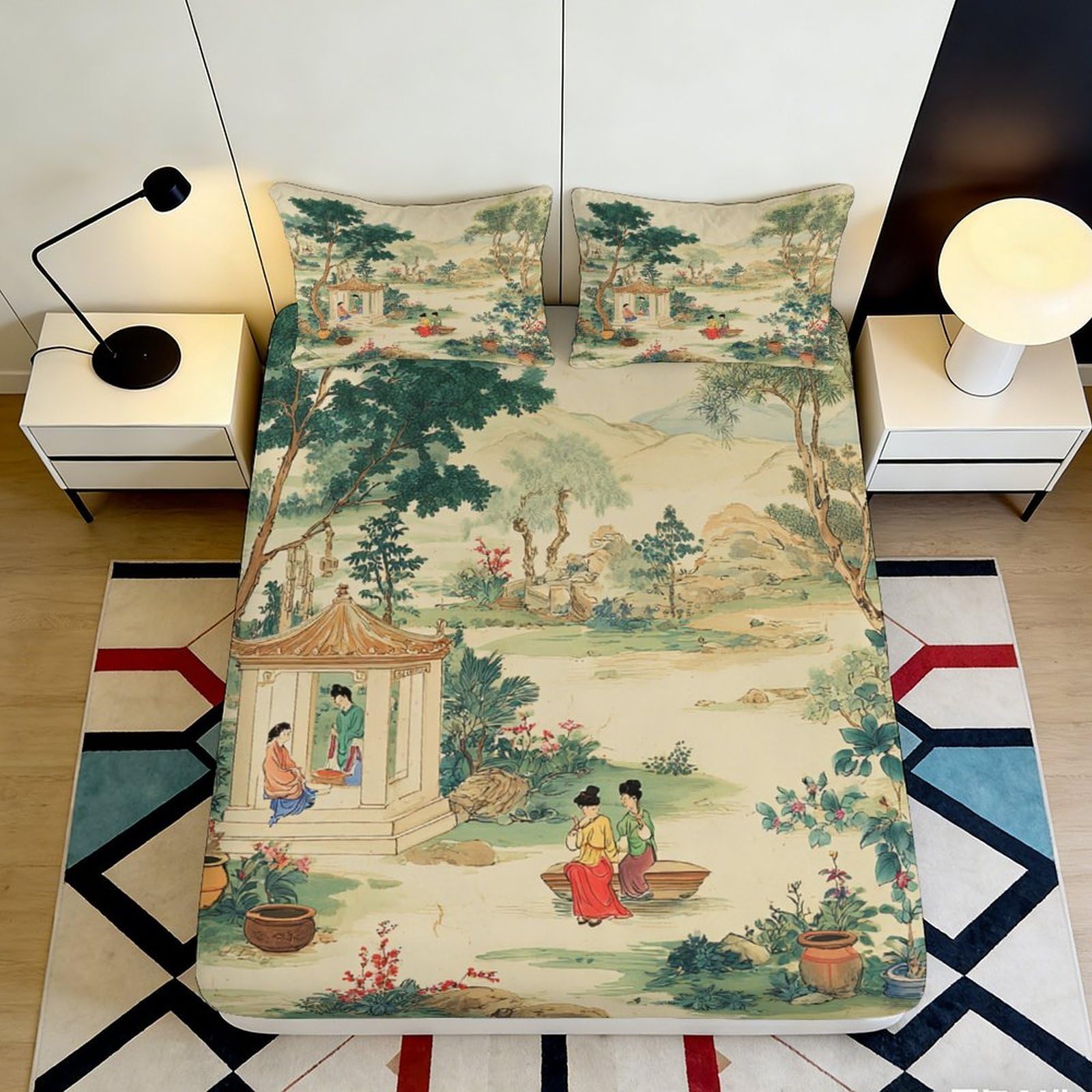 3D Printed Chinese Landscape Fitted Sheet Microfiber Soft Breathable Ancient Village Bed Cover for Bedroom Decor 90x200x25cm