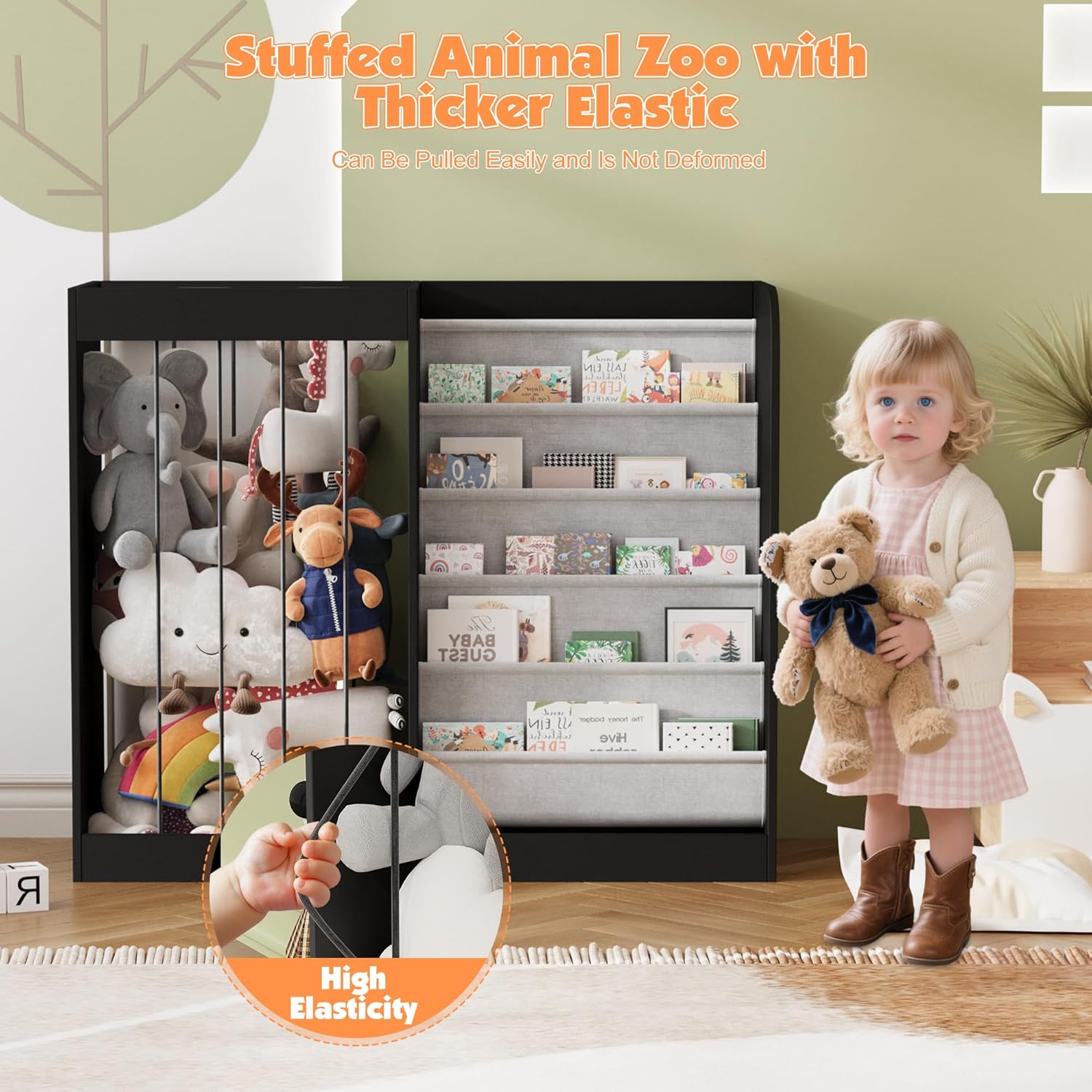 NACHES Kids Bookshelf & Stuffed Animal Net Holder 5 Tier Sling Bookshelf and Plush Toy Storage Organizer with Elastic Cord Montessori Toddler Bookcase for Kids Rooms Playroom Bedroom Nursery, Black