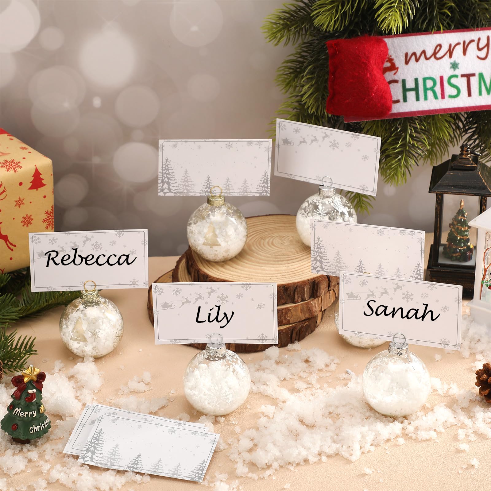 Qilery 24 Sets Christmas Snow Place Card Holders Including 48 Pcs Name Cards Glass Ornament Table Sign Place Card Holders for Xmas Party Table Setting Winter Wedding Table Decoration