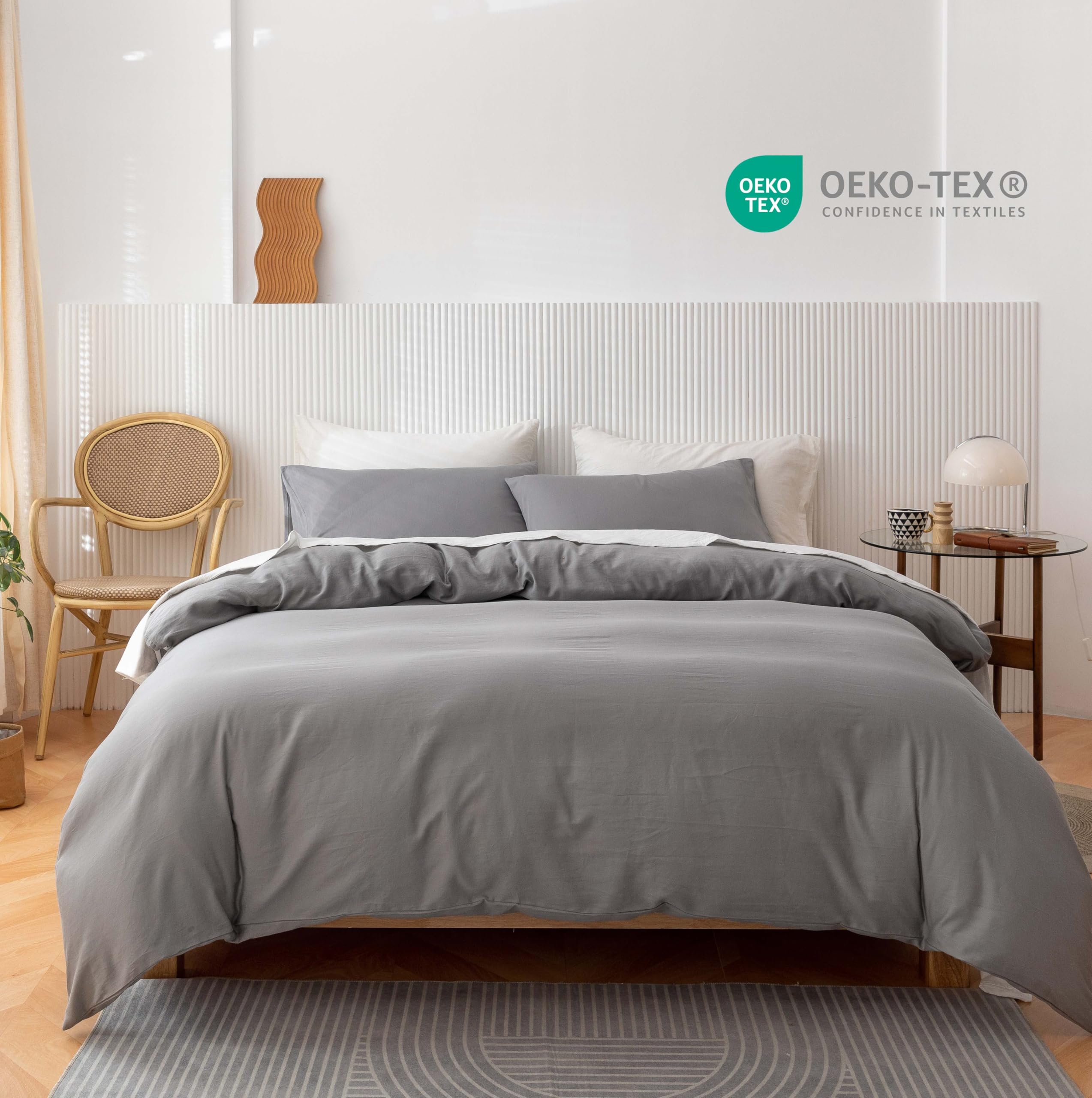 Copripiumino Cotone Egiziano 1000 Fili Grigio Scuro - 3 Pezzi, Re 200x200 Cm, Qualità Alberghiera - Foto 11