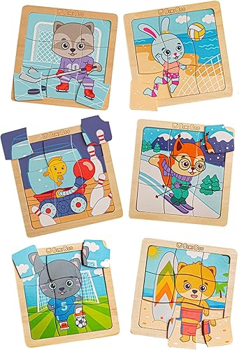 Bimi Boo 6 juegos de rompecabezas deportivos de madera para niños pequeños de 1 a 3 años – Montessori 9 piezas – Juguete educativo de aprendizaje