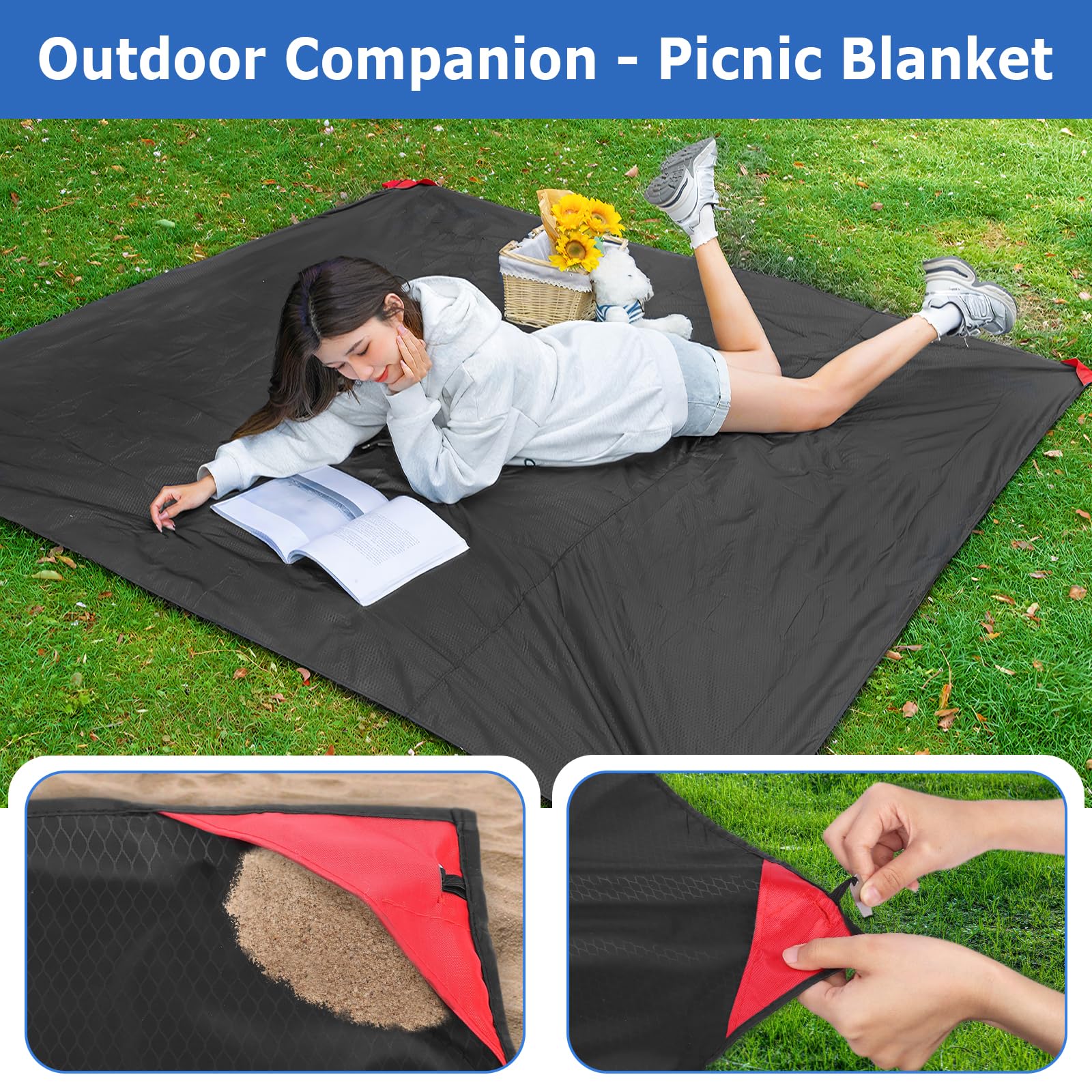 Minicoco Beach Blanket with Pegs Picnic Blanket Waterproof 180 x 150cm for 2-4 Adults,Pocket Blanket for Outdoor Beach Camping Parks Hiking (Red Beach Mat) - Image 2