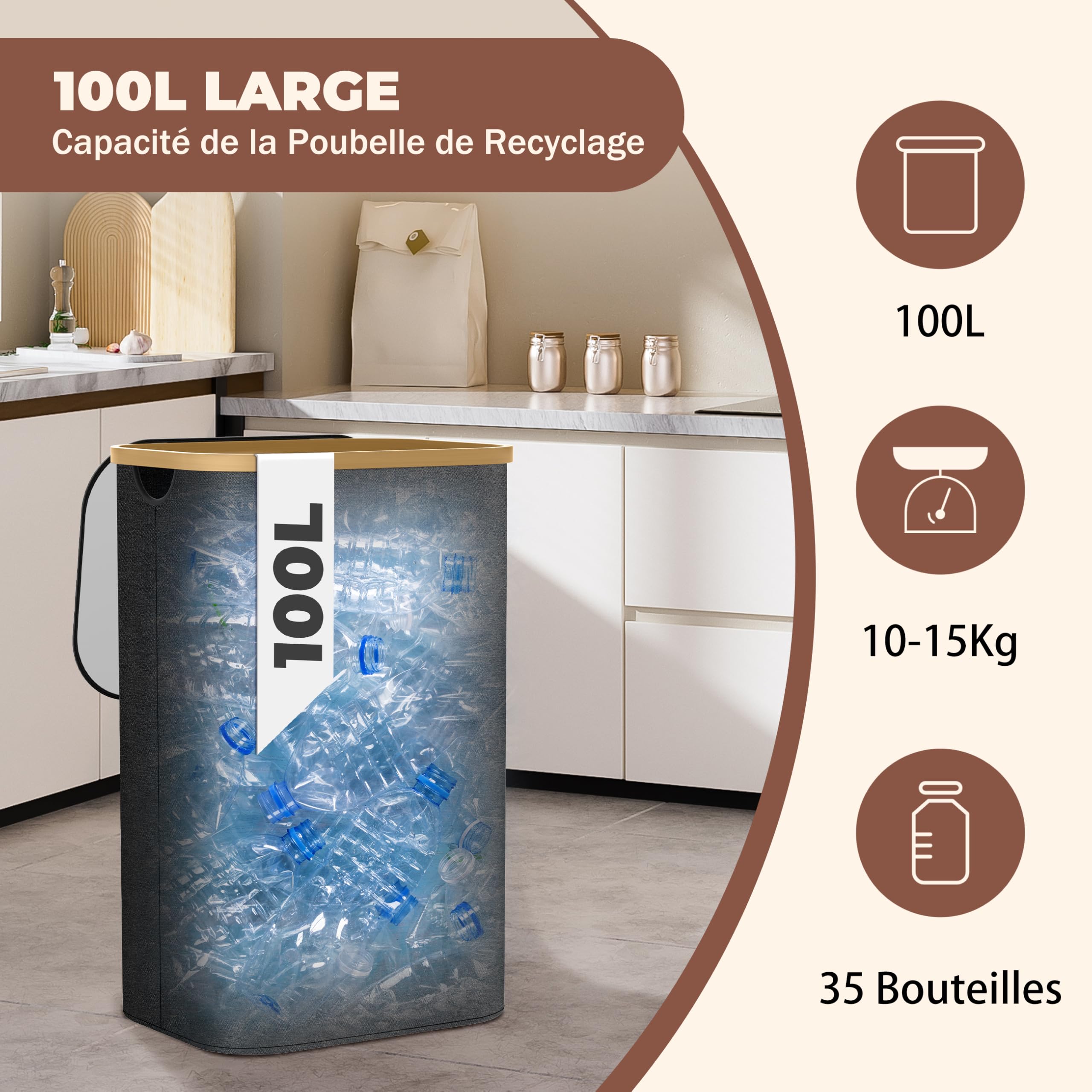 Poubelle Cuisine Tri Sélectif 100L Noir – Bac Recyclage Double Compartiment Bambou