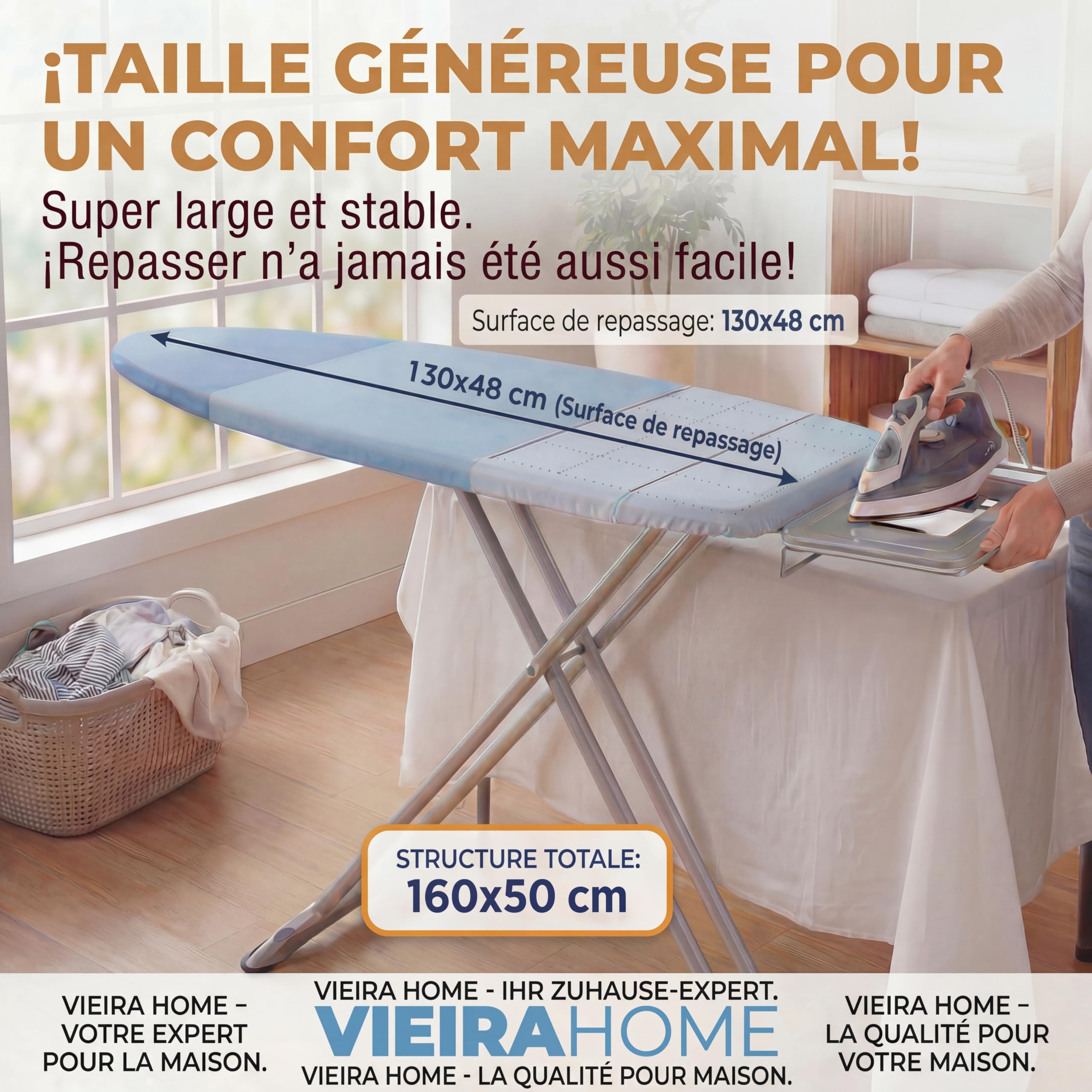 Table à Repasser XXL Grande Pliable Solide Planche Repasser pour Centrale Vapeur - 130x47cm Surface de Repassage - Fabriqué en EU