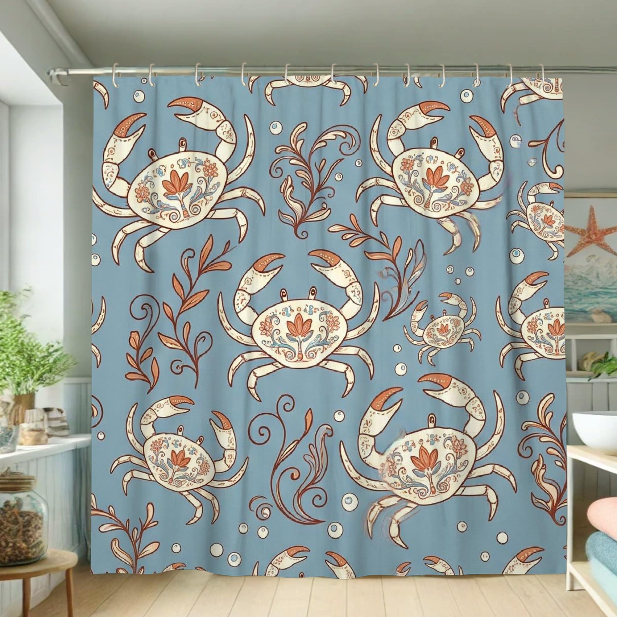Rideau de douche crabe bleu pour une salle de bain ambiance bord de mer d'été