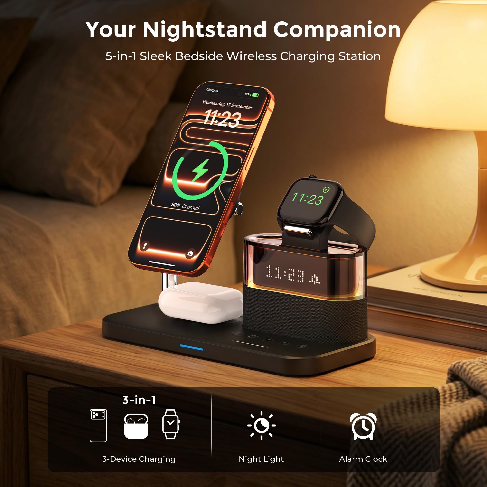 Qi2 - Stazione di ricarica 3 in 1 per iPhone 16/15/14/13/12 serie m. sveglia e luce RGB, supporto di ricarica magnetico con adattatore PD 30 W, caricatore rapido da 15 W per iWatch/Apple Earbuds (nero