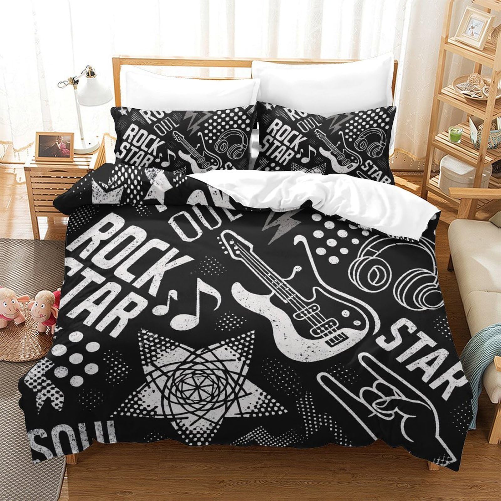 Set Copripiumino Microfibra Stampa 3D Tema Musica Rock Biancheria da Letto Decorazione Camera Morbido Traspirante per Casa Super king（260x220cm）