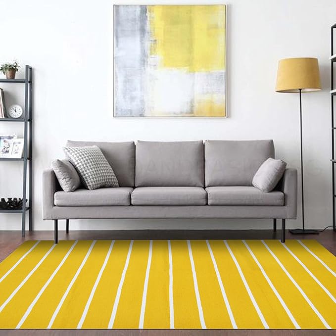 MAHZEE HOME - MHZ - Hand Woven Cotton Striped Rug for Bedroom, Living Room, Dining Room, Kids Room | Size : 4 x 6 Feet | Style : Modern | 100% Organic Cotton | Eco Friendly | Easy to Wash (Yellow)