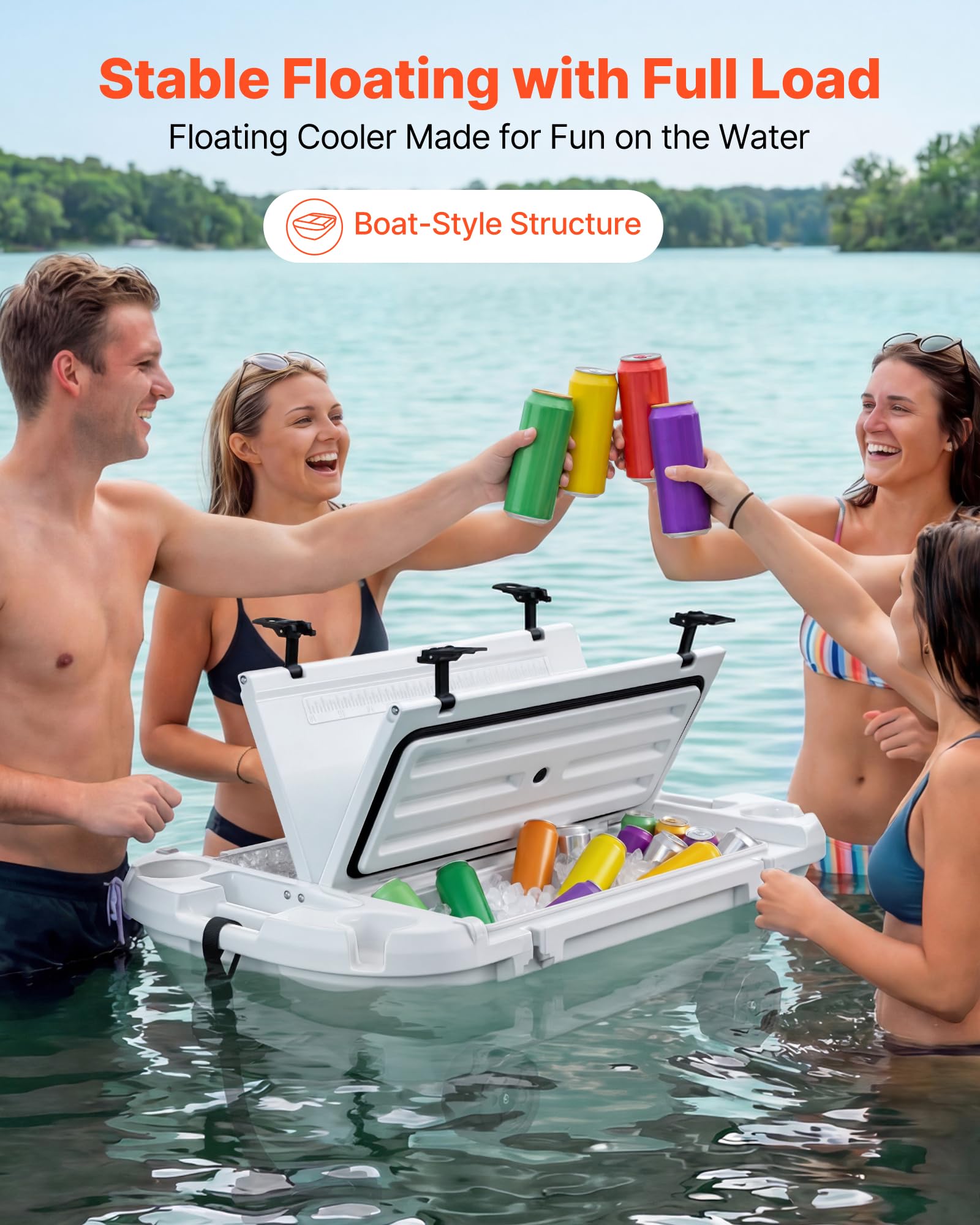 VEVOR Nevera Flotante 37,9 L Enfriador Flotante para Agua y Tierra con Carcasa Rígida Aislada, Ruedas, Portavasos, Cuerda de Remolque, Asas Laterales para Playa Piscina Barco Bebida Hielo Color Blanco