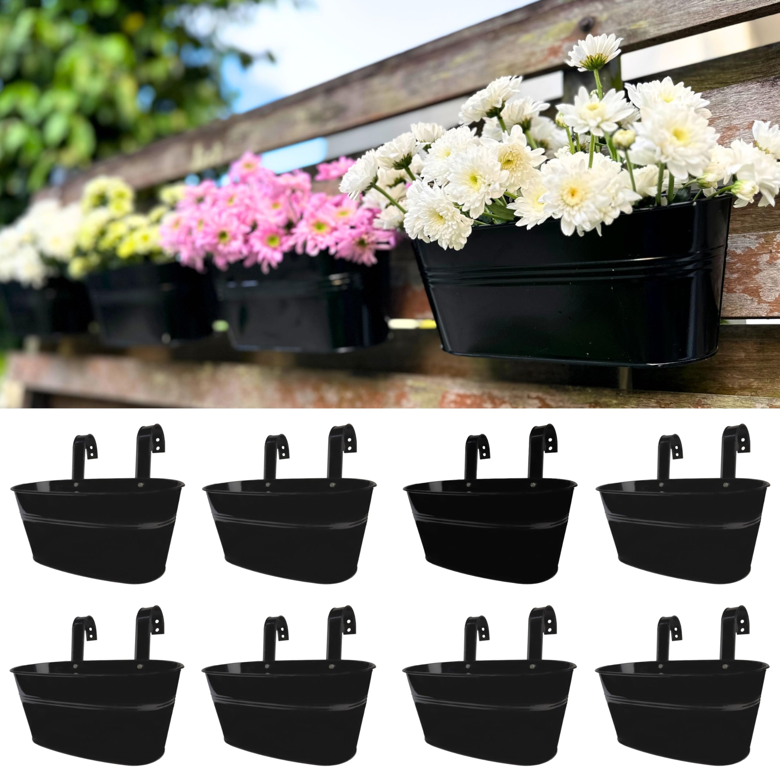 LaLaGreen Outdoor Plants Rail Planter (11.2 Inch, 8 Pack) Black Metal Iron Hanging Flower Pots Deck Railings Fence Buckets Modern Garden Boho Style