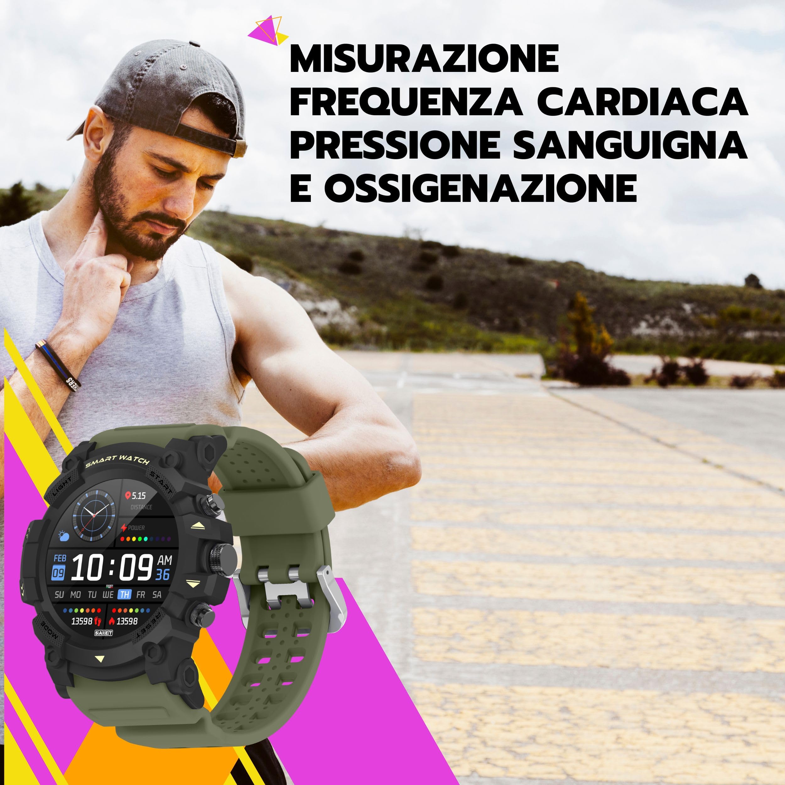 SAIET - Smartwatch W4RR1OR con Funzioni GPS, Chiamate e Messaggi - Orologio Digitale in Vetro Temperato Waterproof - Smartwatch Sport - Verde