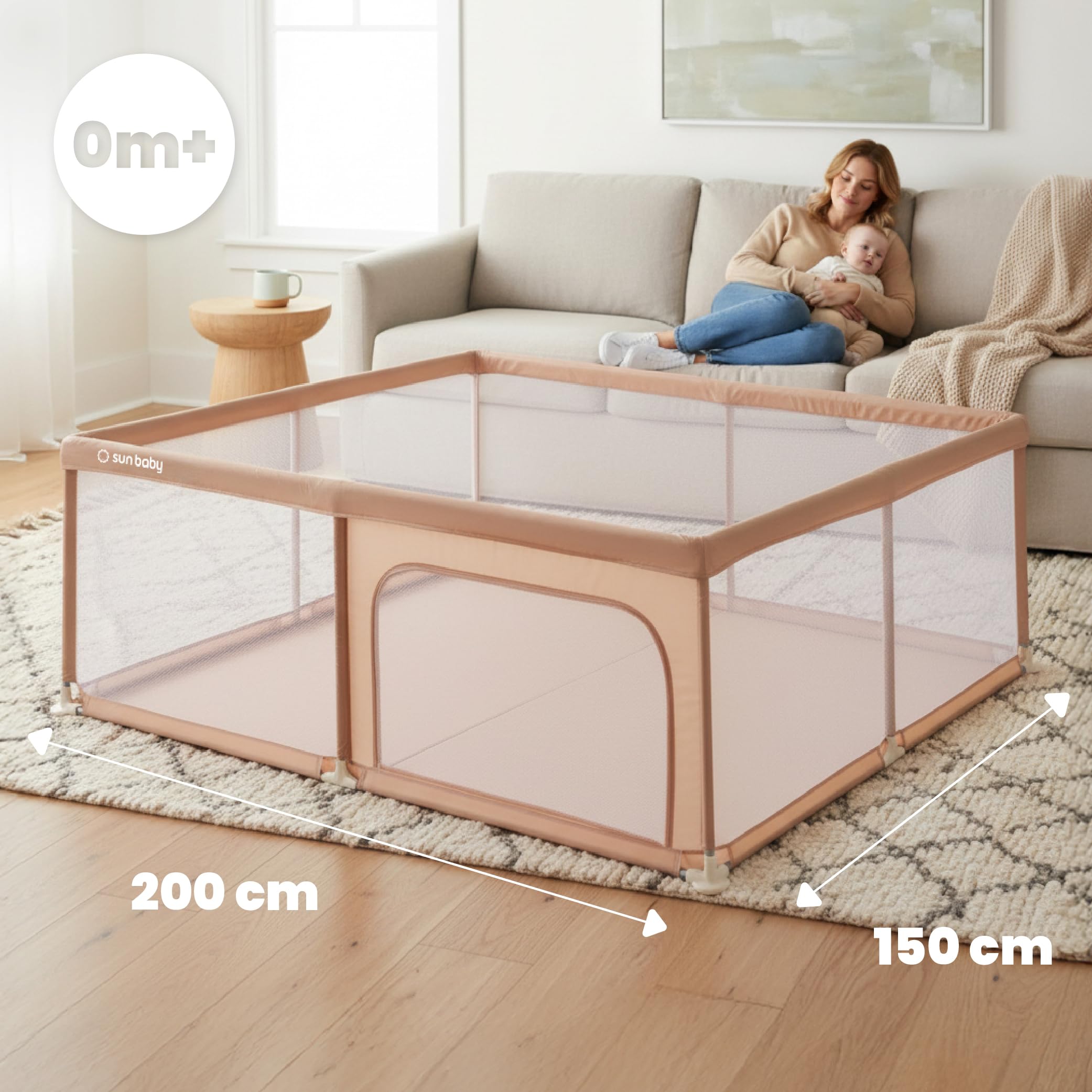 sun baby Parque Infantil 150x200 cm 0-2 años Salmón, poliéster, paredes de malla, entrada con cremallera, pies antideslizantes, bolsa incluida, estructura metálica