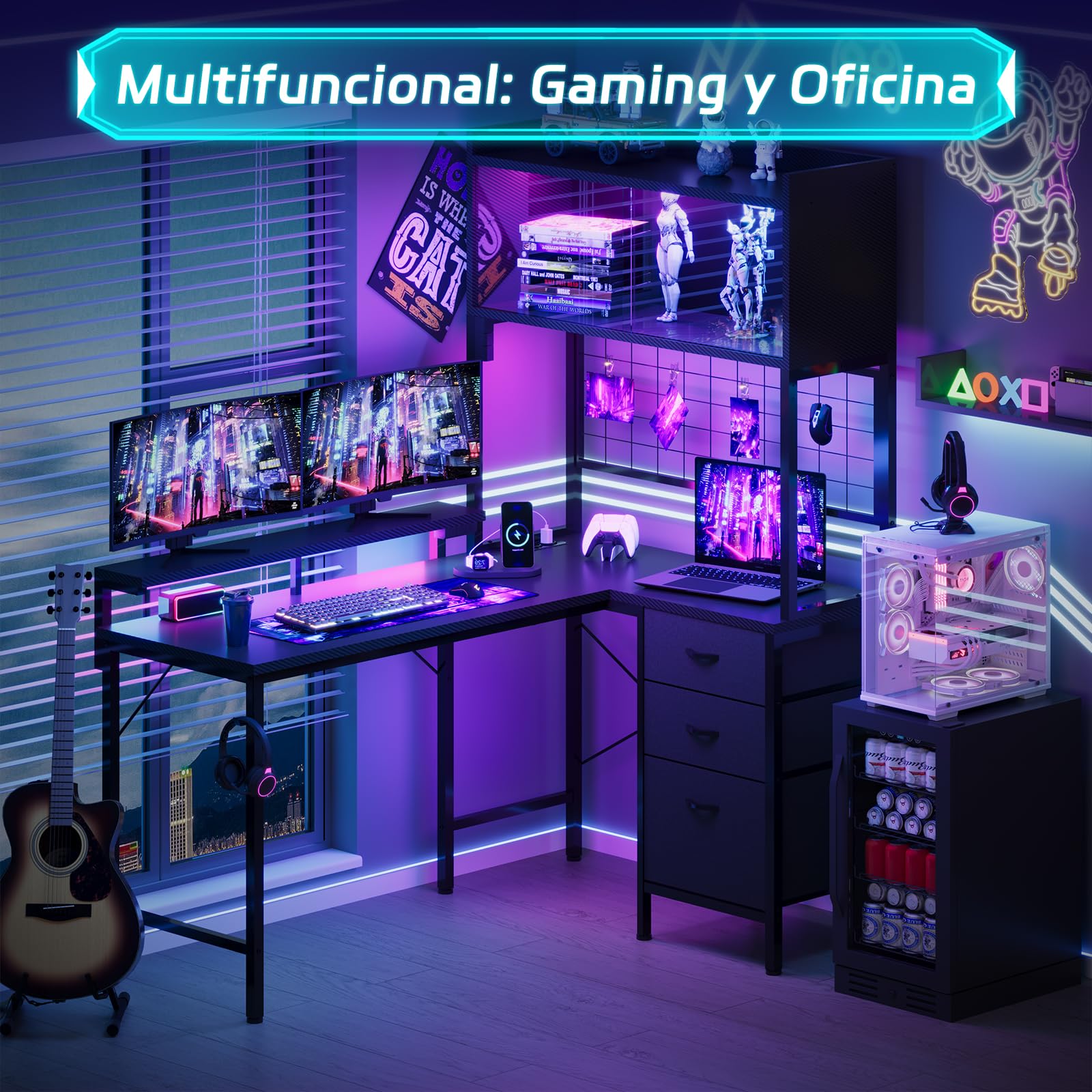 Devoko Escritorio gaming en forma de L con luces LED, 115 x 90 cm, escritorio para PC con enchufe de alimentación, 3 cajones, panel de rejilla, escritorio de E-Sports gaming, oficina, dormitorio