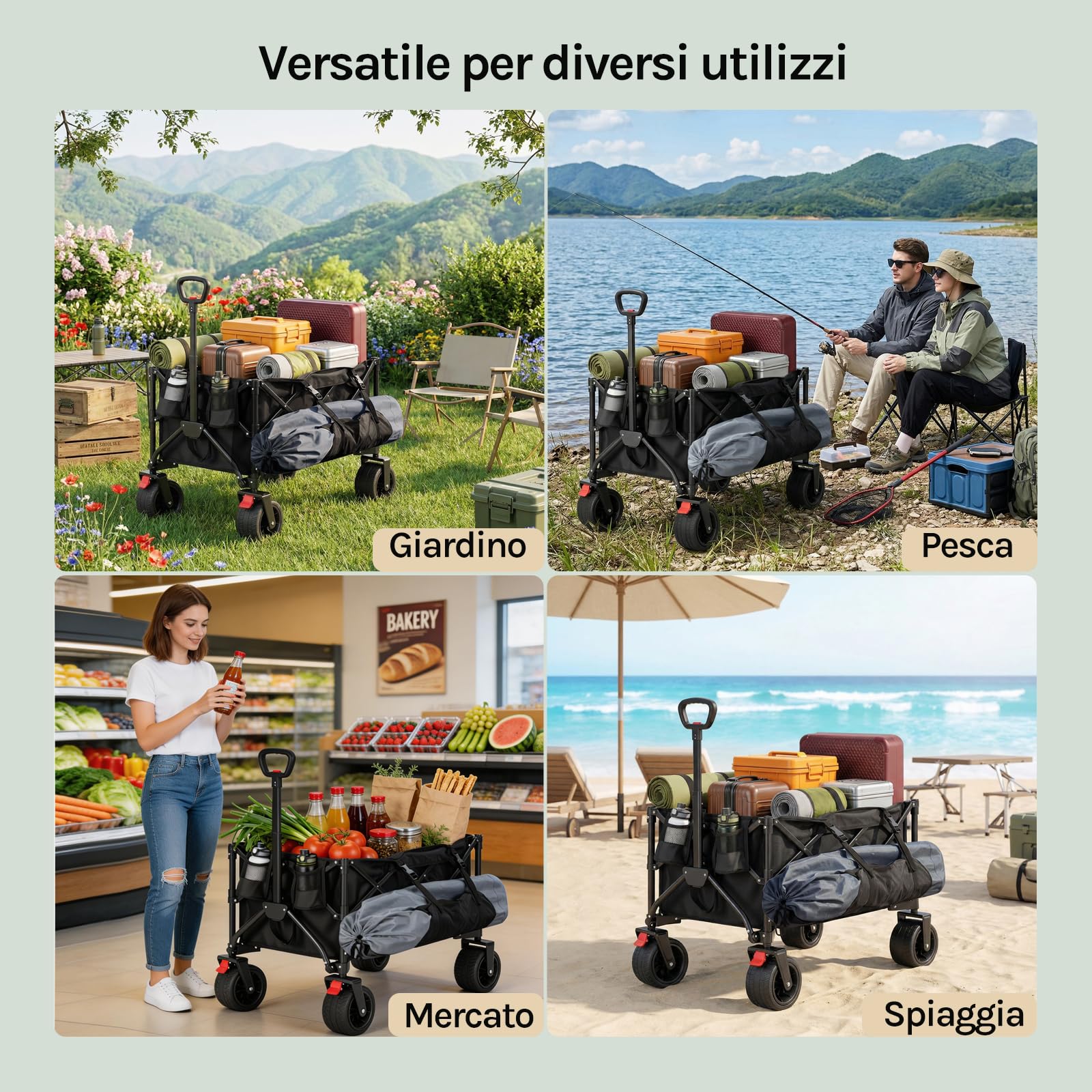 WOLTU Carrello Pieghevole Multifunzione con Ruote Rimovibili, Manico Regolabile, Custodia Antipolvere, Telaio in Acciaio, 150 L, Portata 180 kg, Carrello da Giardino per Campeggio e Spiaggia, Nero
