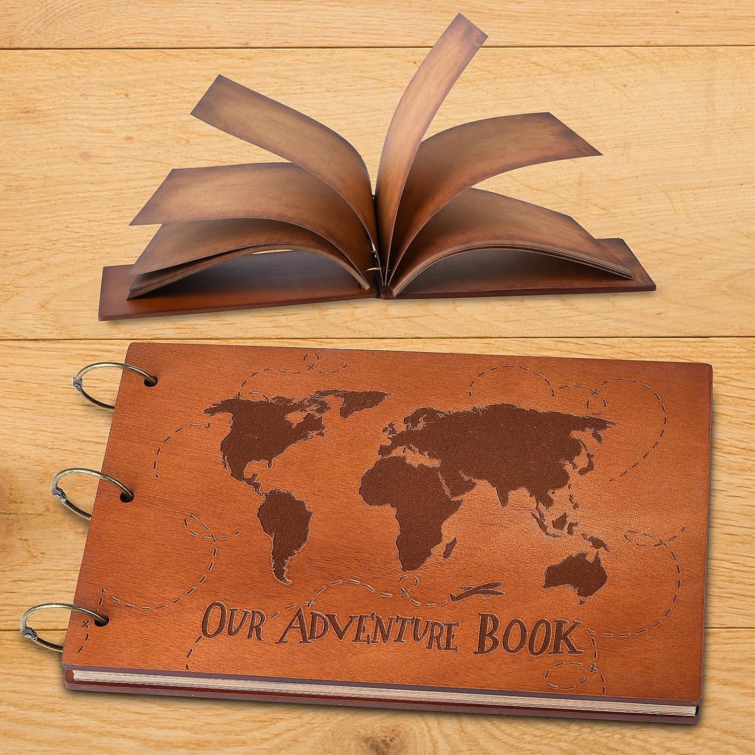 Abenteuerbuch, 3D-Holzeinband, Sammelalbum, Fotoalbum, 30 x 19 cm, zeitloses Erinnerungs-Tagebuch für unvergessliche Abenteuer und wertvolle Momente, ideal für Jubiläen, Reisen und Paare