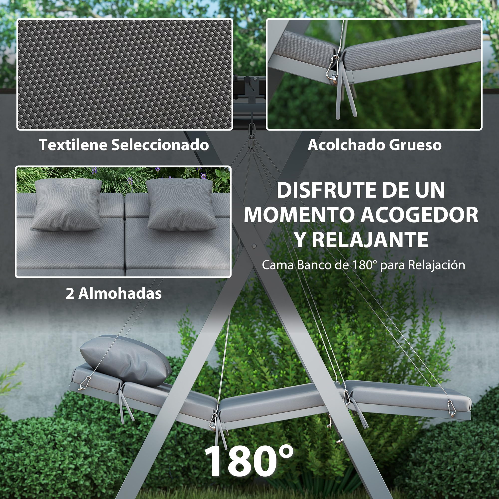 Outsunny Columpio de Jardín Exterior de 2 Plazas Balancín de Jardín Exterior con Protección UV30+ Toldo Ajustable y Cojines Convertible en Cama Carga 220 kg 142x130x168 cm Gris Oscuro