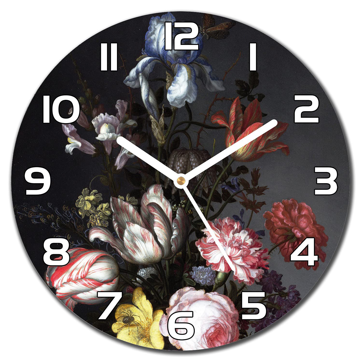 Horloge en verre de sécurité 30 cm à motif Rose Florale Vintage et aiguilles blanches