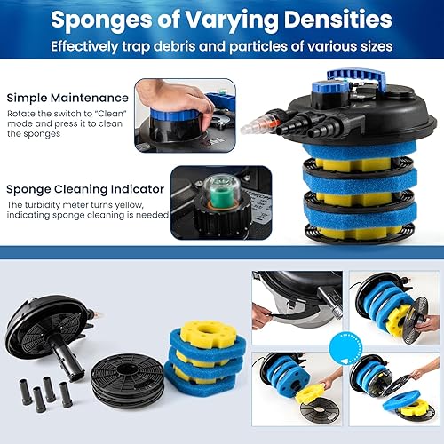 Miniatura 5 de RELAX4LIFE Filtro de estanque de presión biológica - Filtro biológico presurizado con luz UV-C de 13 W, 4 adaptadores, 2642 GPH para estanques Koi