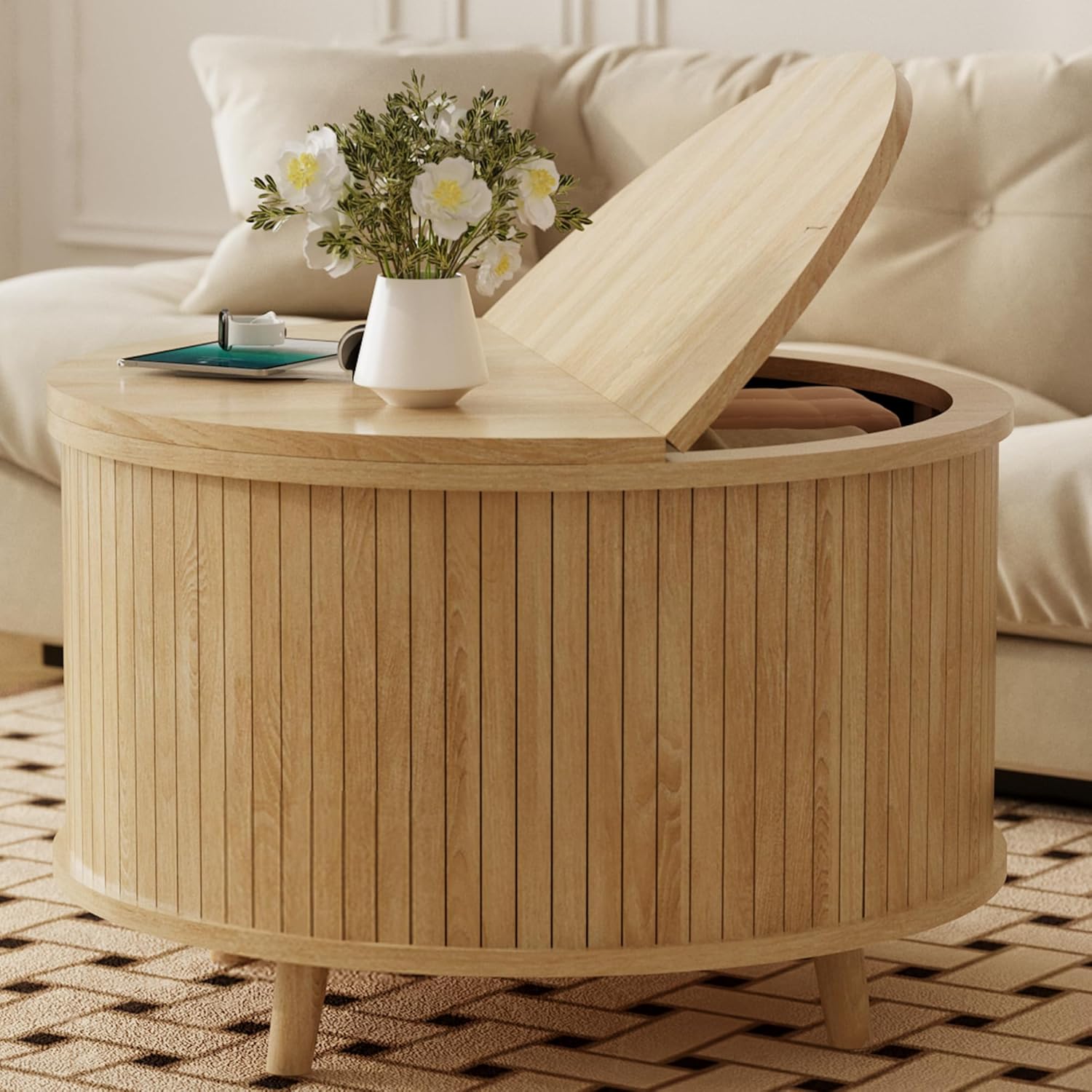 Easyego 31.5" Fluted Round Coffee Table with Hidden Storage – Mid-Century Modern Flip-Top Wood Drum Table for Living Room, Small Spaces & Apartments, Natural