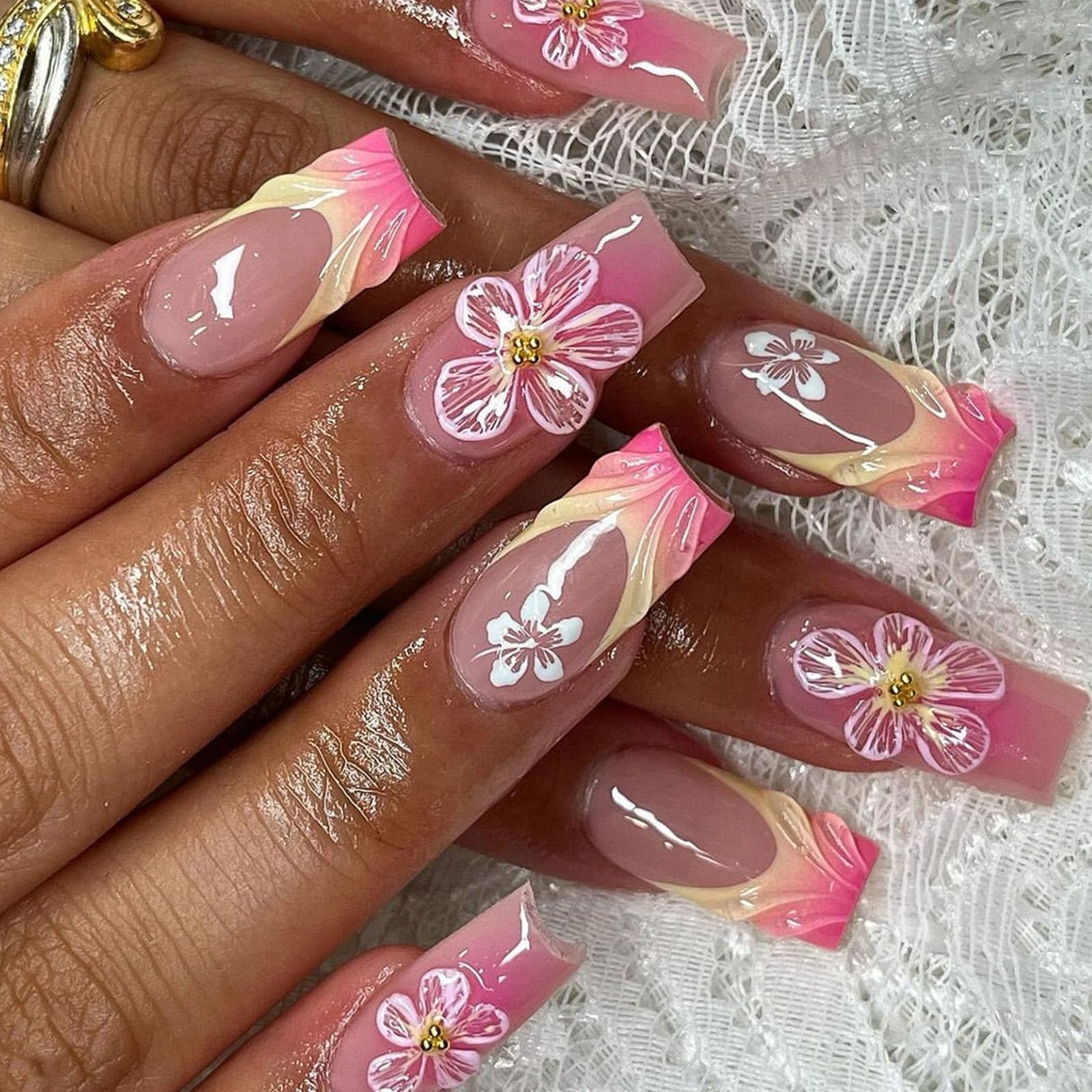 Square Press on Nails Medium Length Fake Nails Pink Yellow French Nails Press ons Glossy Glue on Nails Nude Acrylic Nails Gradient with Flower Designs