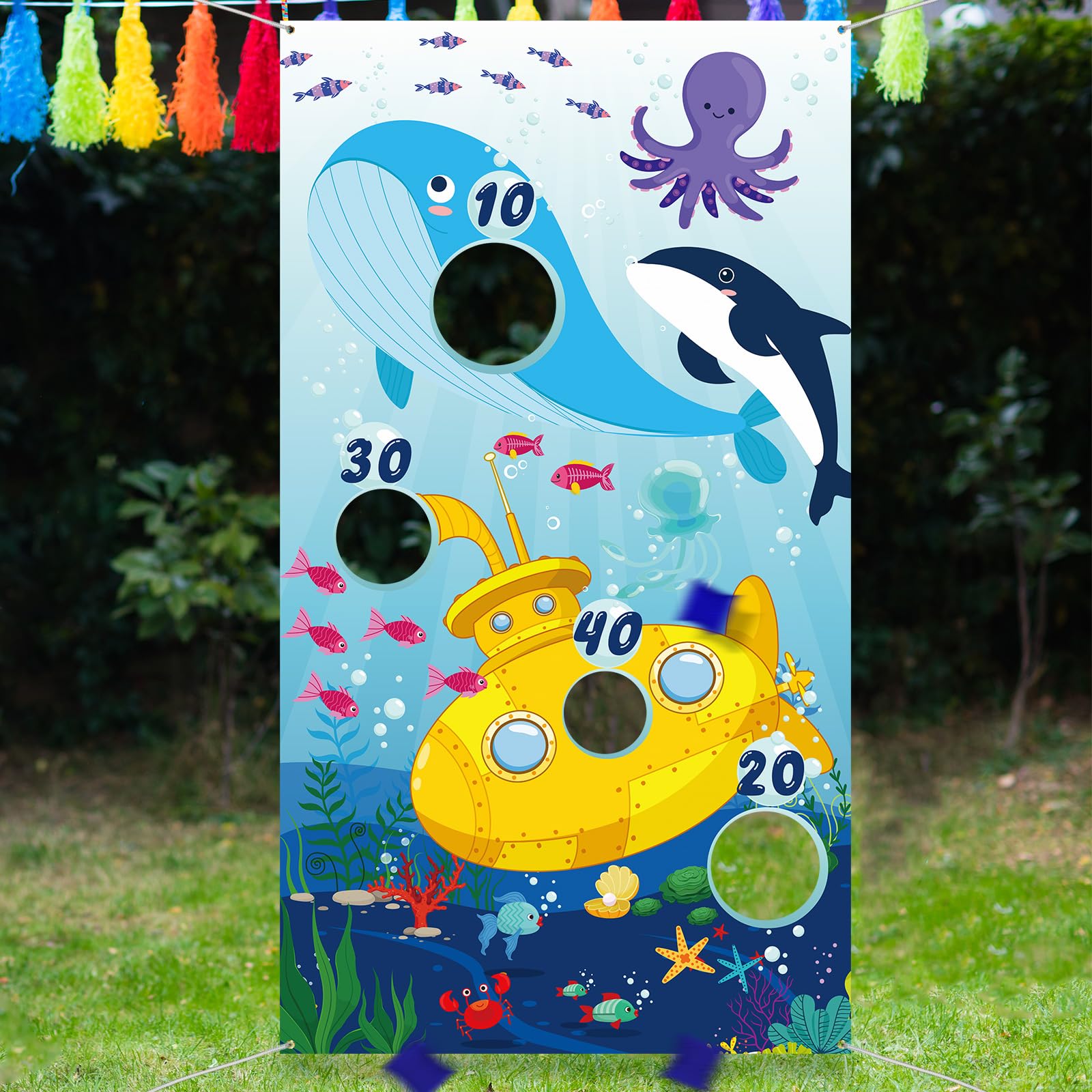 Blulu Ocean Animal Toss Games Banner with 4 Bean Bags Toss Game Indoor Outdoor Dolphin Whale Octopus Blue Birthday Party Decorations for Ocean Animal