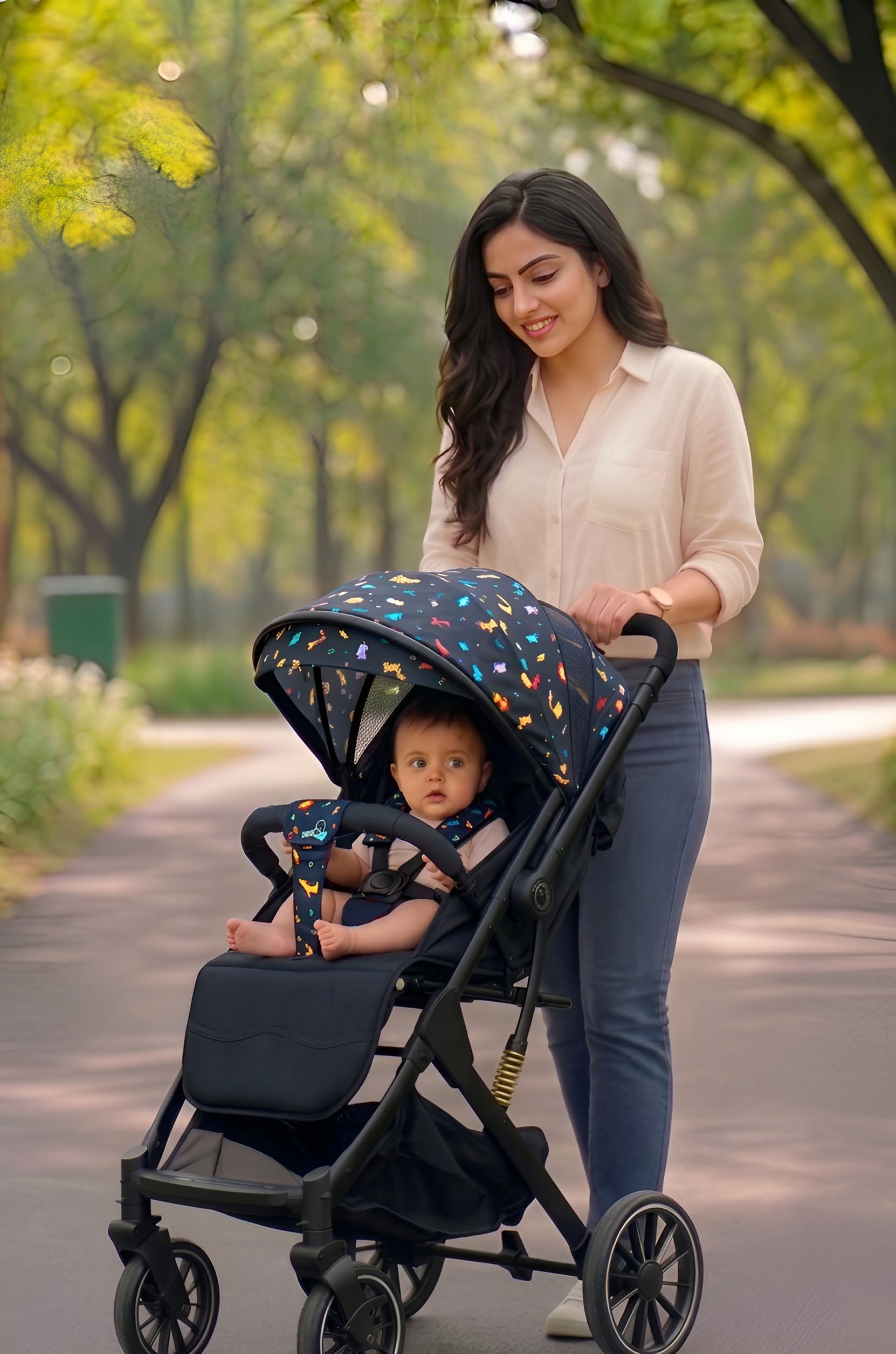 Chipzzie Travel Mate Premium Baby Stroller Pram β Reversible Handle, One-Hand Fold, Full Recline & Suspension | All-Terrain Large Wheels, Travel-Friendly | 5-Point Harness for Newborns to Toddlers 0-3 years (Black, Cartoon Print Canopy) 2