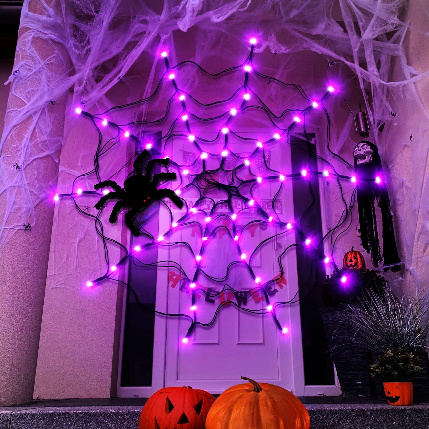 Fussion Halloween Decorations Spider Web Lights with 70 LED,1 Black Spider and Remote, 3.3FT Diameter Halloween Lights, Window Net Lights for House Yard Garden Indoor and Outdoor Halloween