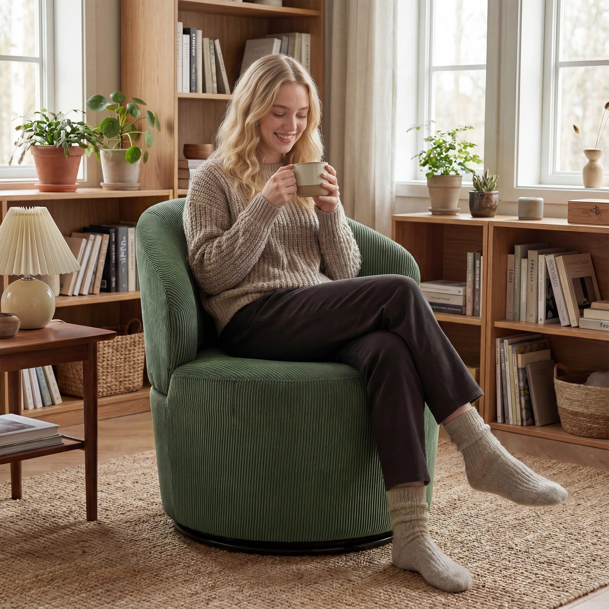 HOMCOM Sessel Drehbar Loungesessel mit Breitem Sitz Moderner Polstersessel mit Geschwungene Rückenlehne und Dicker Polsterung Relaxsessel mit Cord-Optik für Wohnzimmer, Schlafzimmer, Grün