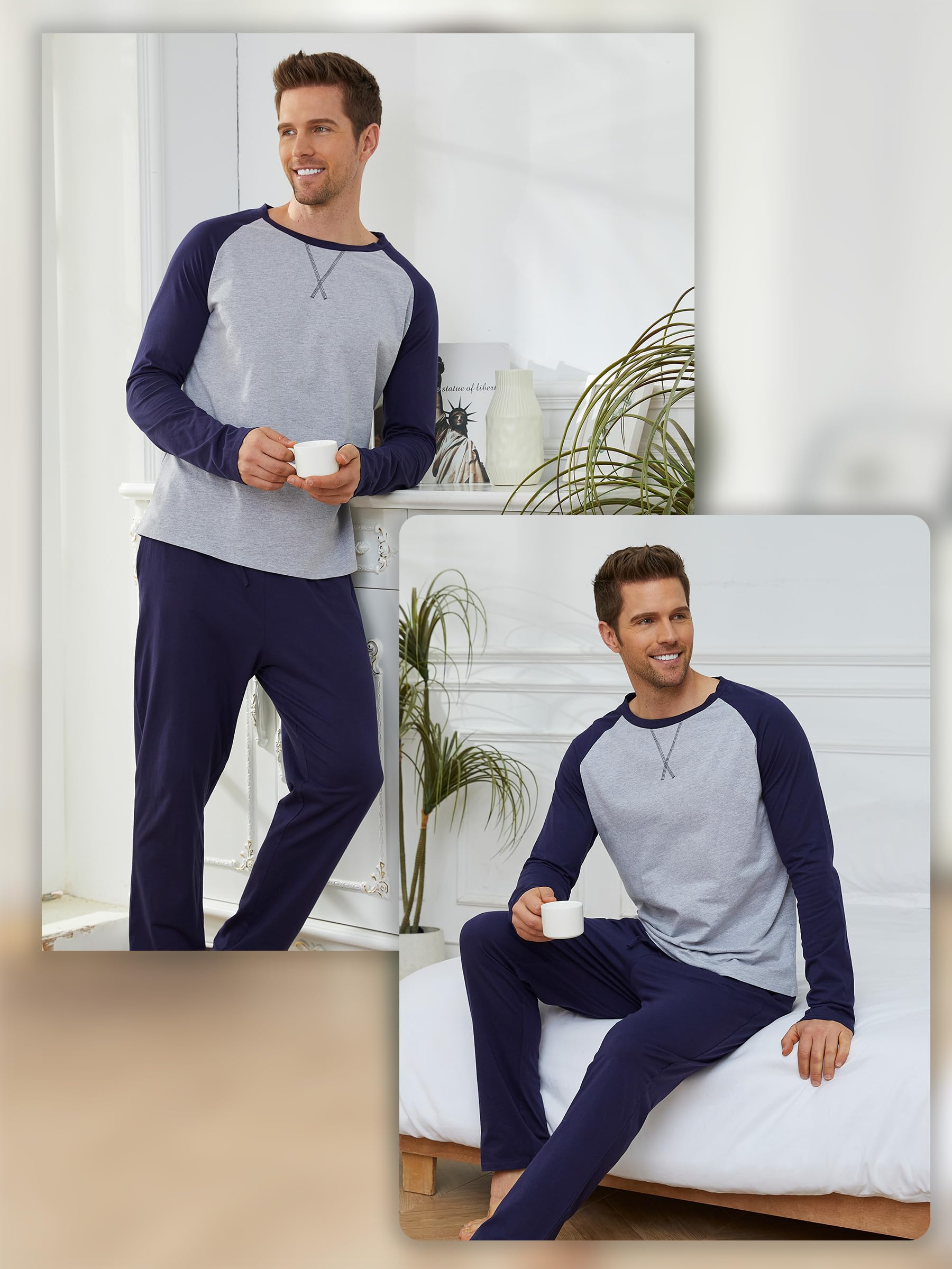 Pigiama Uomo Cotone Leggero Pigiama Uomo Cotone Lungo Colori Contrastanti Girocollo a Maniche Lunghe e Pantaloni Due Pezzi Leggero Morbido