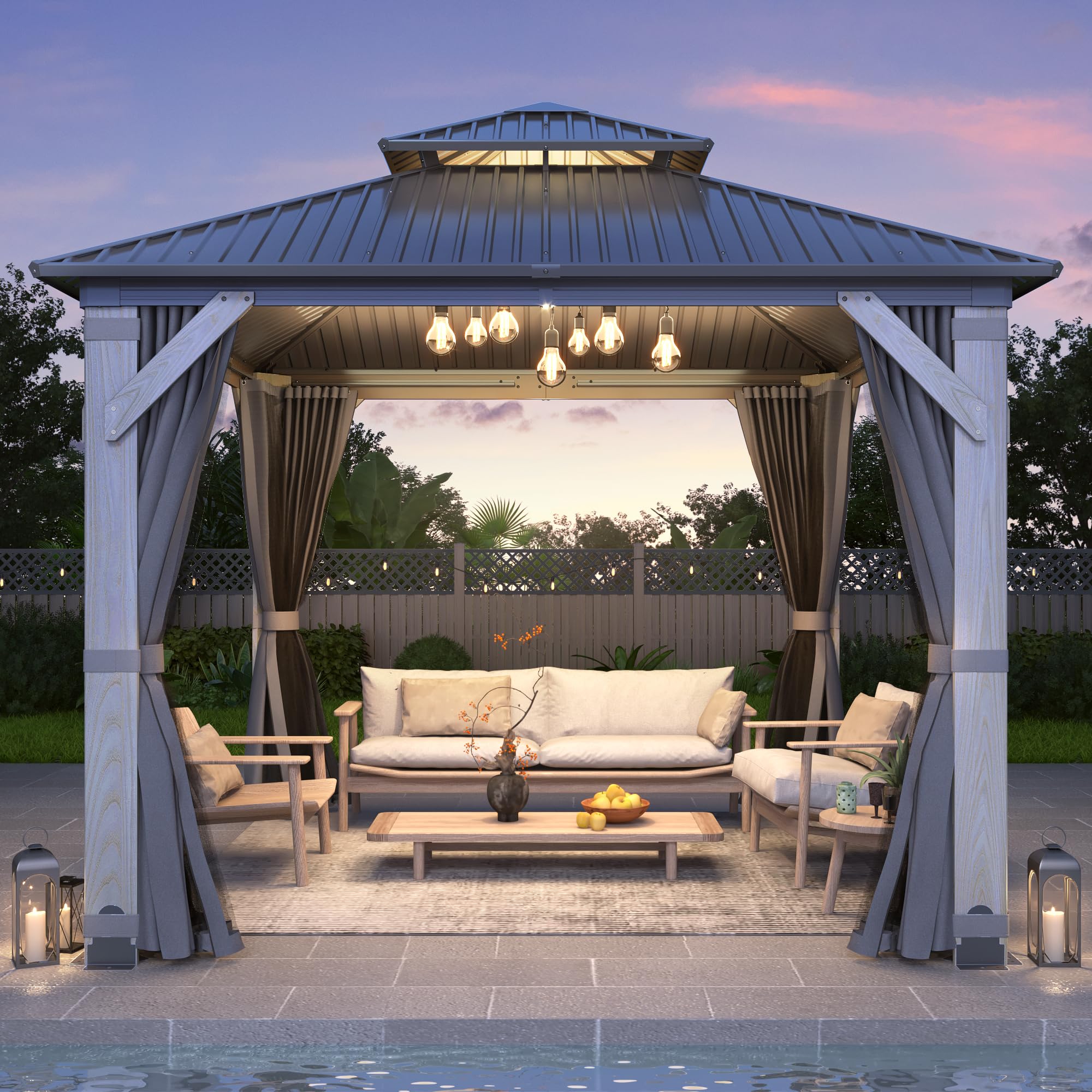 GARTOO 10' x 10' Outdoor Wood Gazebo - Permanent Wooden Hardtop Gazebo Pavilion with Double Curtains, Galvanized Steel Roof Cedar Wood Gazebos for