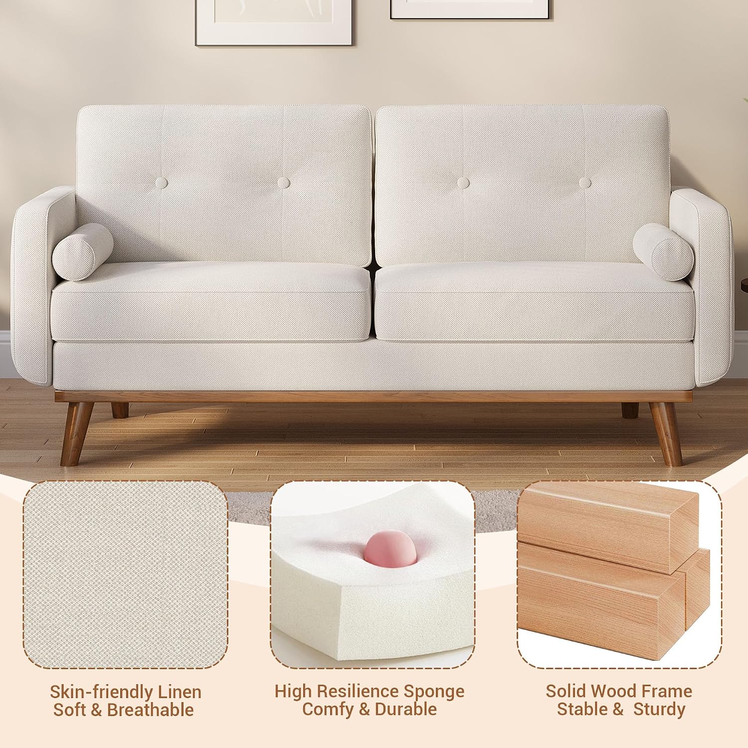 GarveeHome 65 in Loveseat Sofa, Mid Century Modern Couch Comfy Love Seat Couches for Living Room, 2 Seater Deep Seat Couch Linen Upholstered Couches for Bedroom Office Small Space, Beige Cream