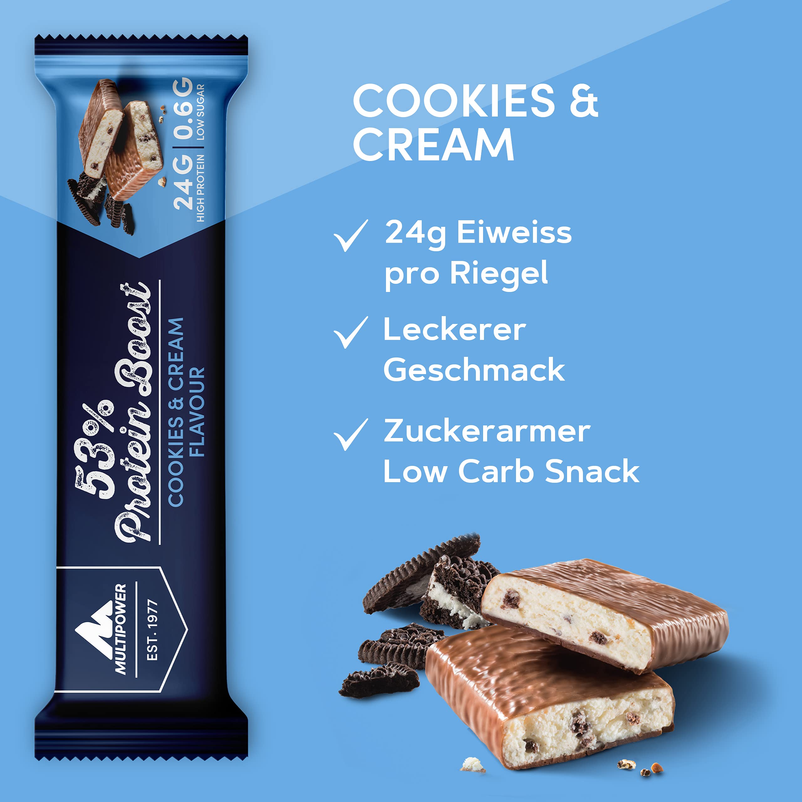 Multipower 53% Protein Boost – 20 x 45 g Protein Riegel Cookies & Cream mit 53% hochwertigem Protein – 24 g Eiweiß und 1,3 g Zucker je Eiweißriegel