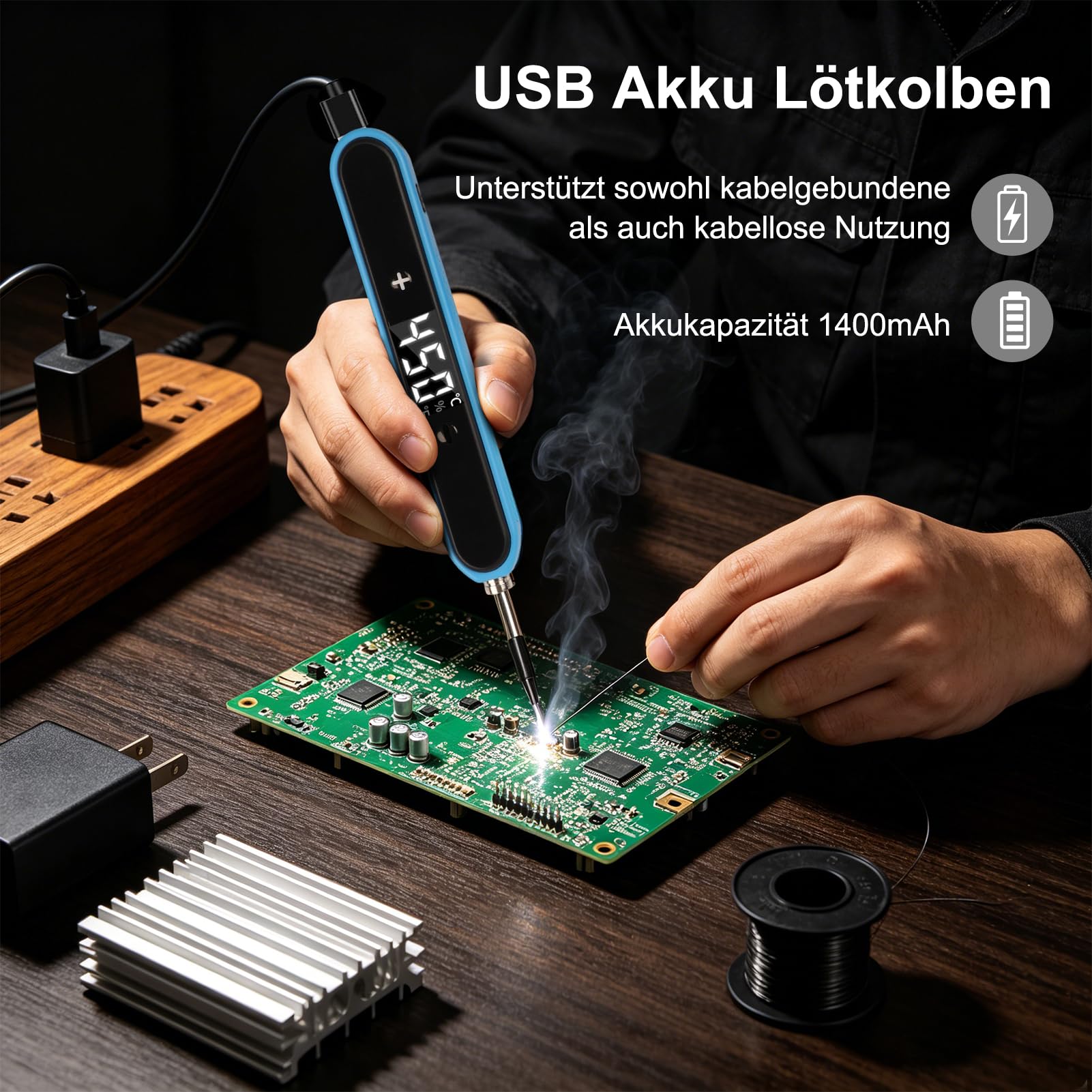 Akku Lotkolben Set USB-C, kabelloser Lotkolben fur Elektronik, 1400 mAh, Aufheizen in 8 Sek, Temperatur 180-450℃ einstellbar, 3 Lotspitzen, Entlotpumpe, Pinzette & Abisolierzange mit Aufbewahrungsbox