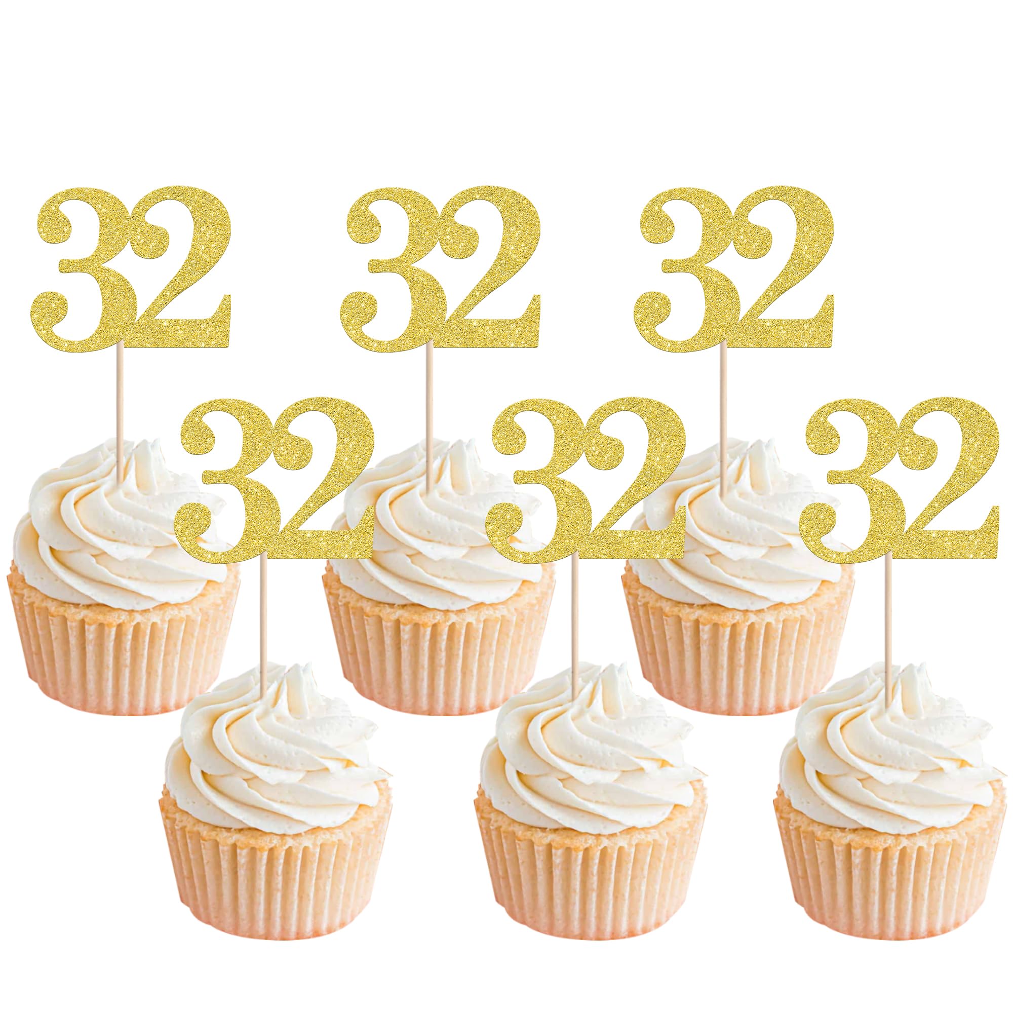 Xsstarmi 36 Pack Number 32 Cupcake Toppers Gold Glitter Cheers to 32 Years Birthday Cupcake Picks Decoration for Happy 32th Birthday Wedding Anniversary Party Cake Decorations