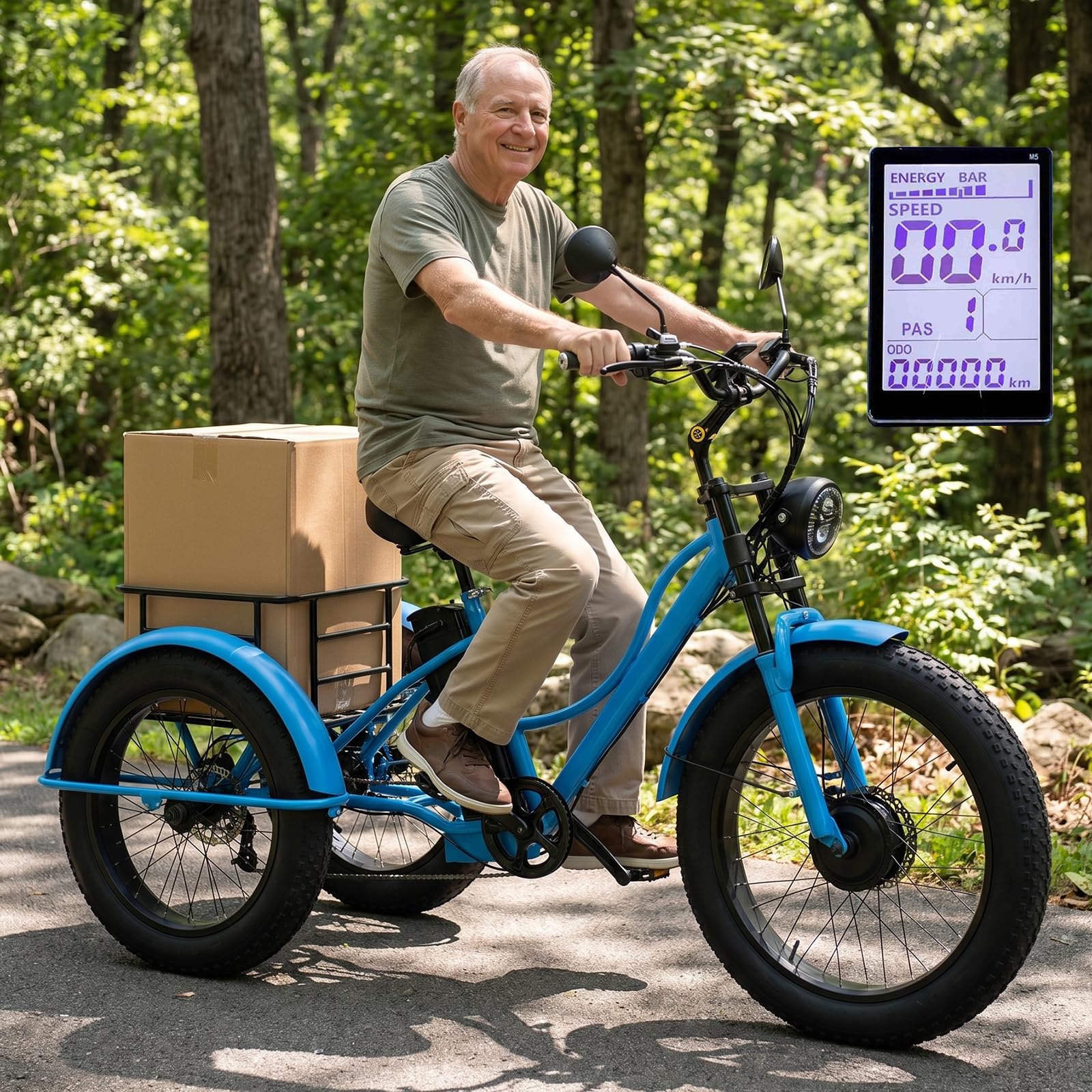 ZHZWwansuGE Adult Electric Tricycle, 24″ Fat-Tire Pedal-Assist Tricycl, 3 Riding Modes, 48v 18ah Battery – 40km Range, 10° Climbing Capability, Dual Front & Rear Disc Brakes, Commuter Vehicle Blue