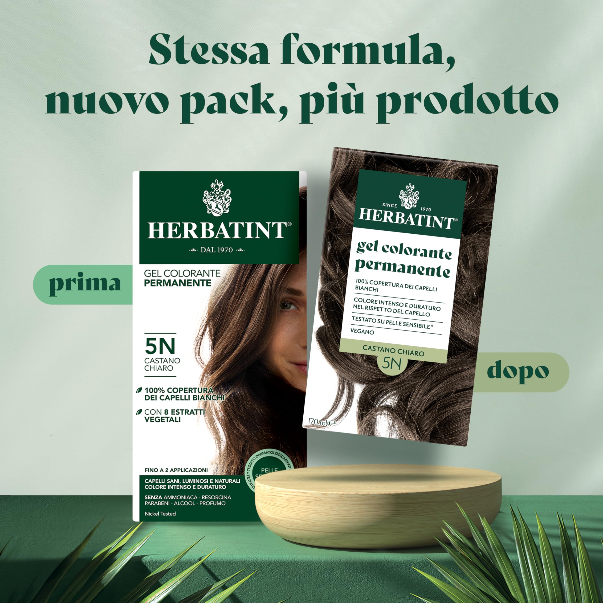 Herbatint Trwały żel do farbowania włosów 5N jasnobrązowy - 170 ml | bez amoniaku, 100% białe włosy | dla wrażliwej skóry, z 8 naturalnymi ekstraktami organicznymi