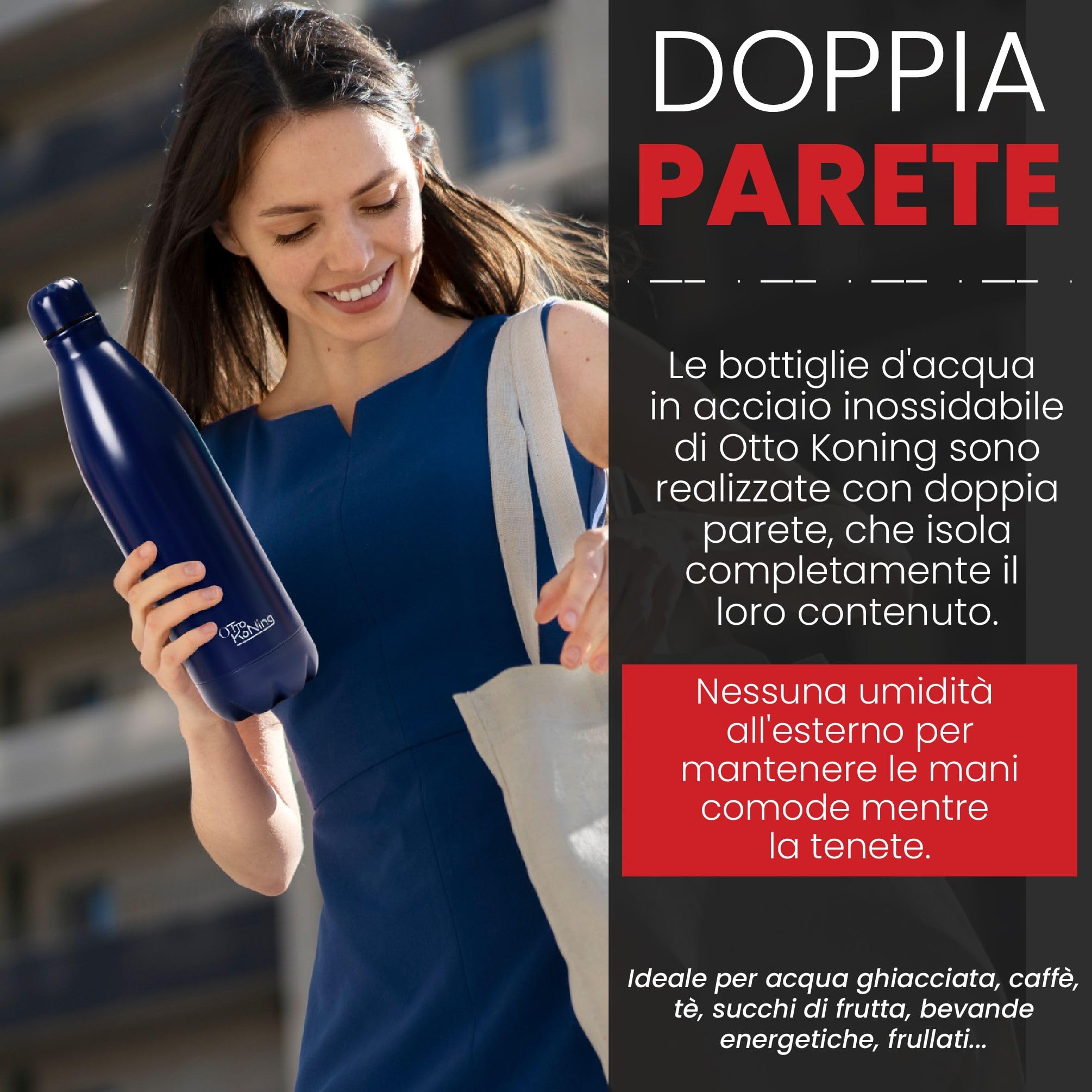Borraccia Termica 1 Litro Otto Koning, Bottiglia Termica 1L in Acciaio Inox 18/8, Doppia Parete Sottovuoto, Freddo 24h Caldo 12h, Senza BPA e Ftalati, a Prova di Perdite, Senza Sapore Metallico