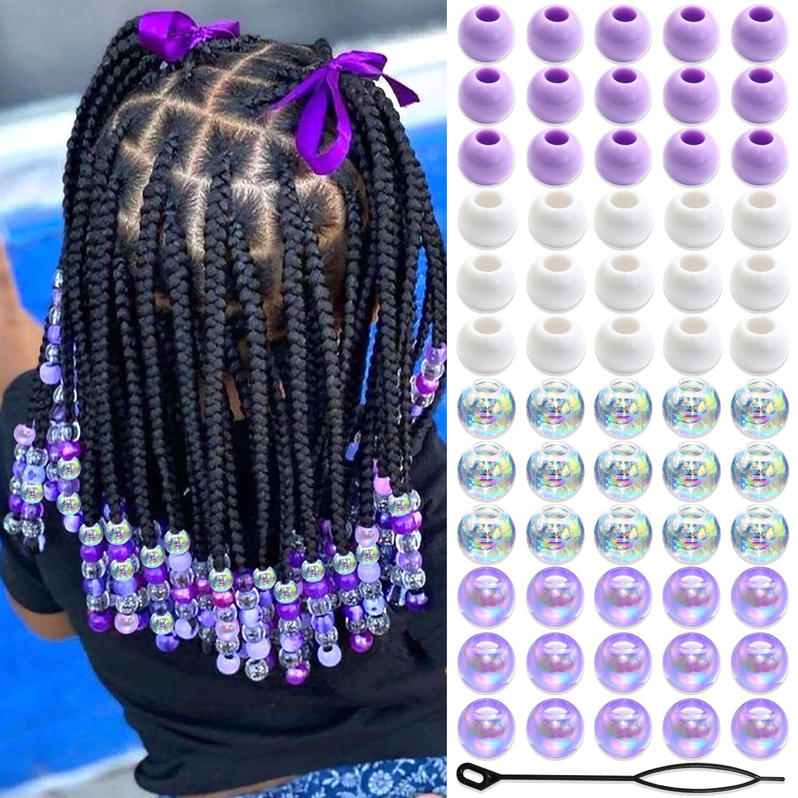 GlamRays Lot De 50 Perles à Cheveux Multicolores à Clipser – Accessoires Pour Tresses, Dreadlocks, Enfants Et Femmes